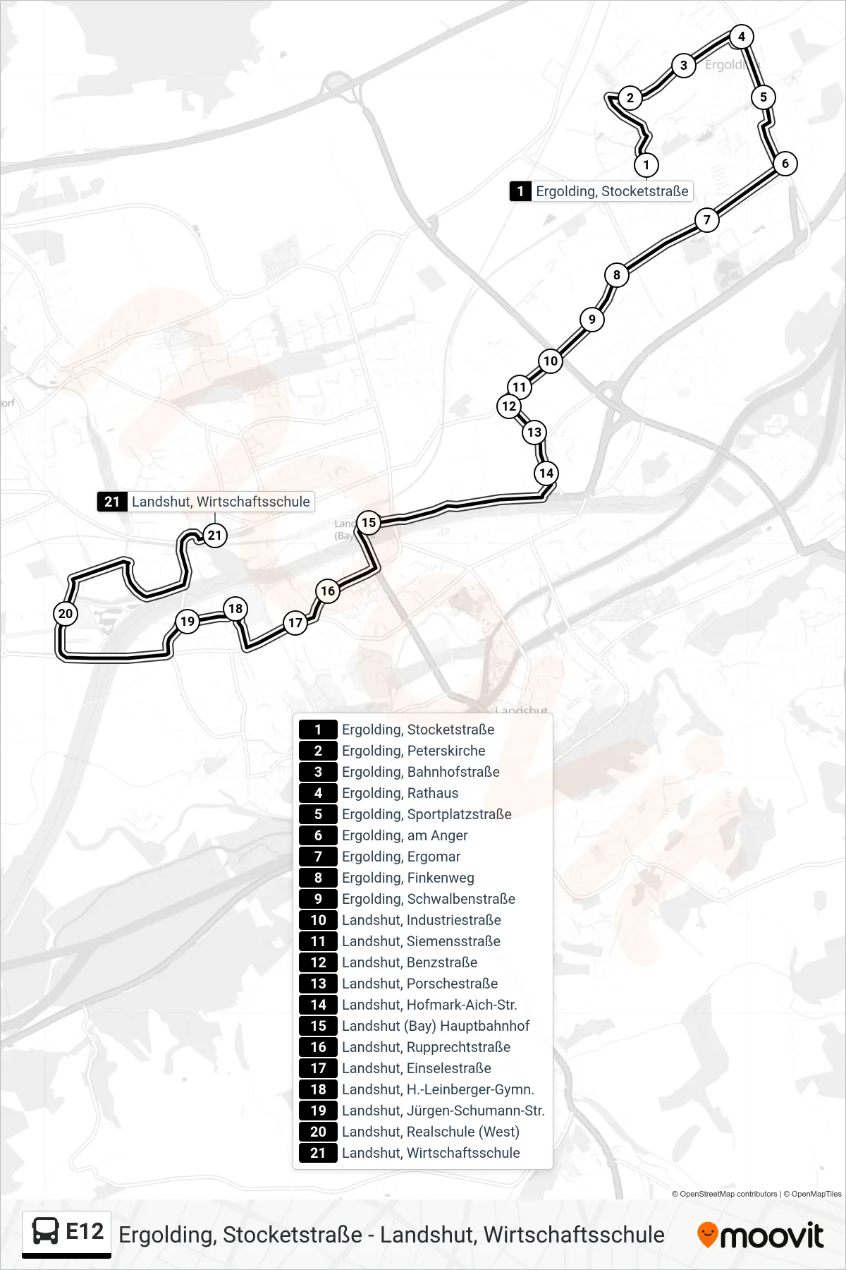 Linie E12 (Bus) Richtung Landshut, Wirtschaftsschule: Route und Haltestellen auf der Karte