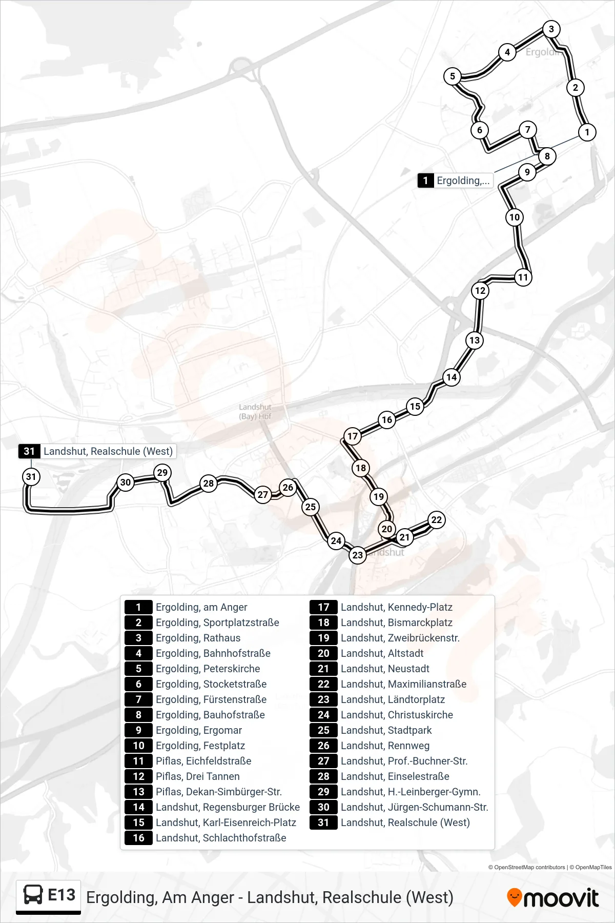 Linie E13 (Bus) Richtung Landshut, Realschule (West): Route und Haltestellen auf der Karte