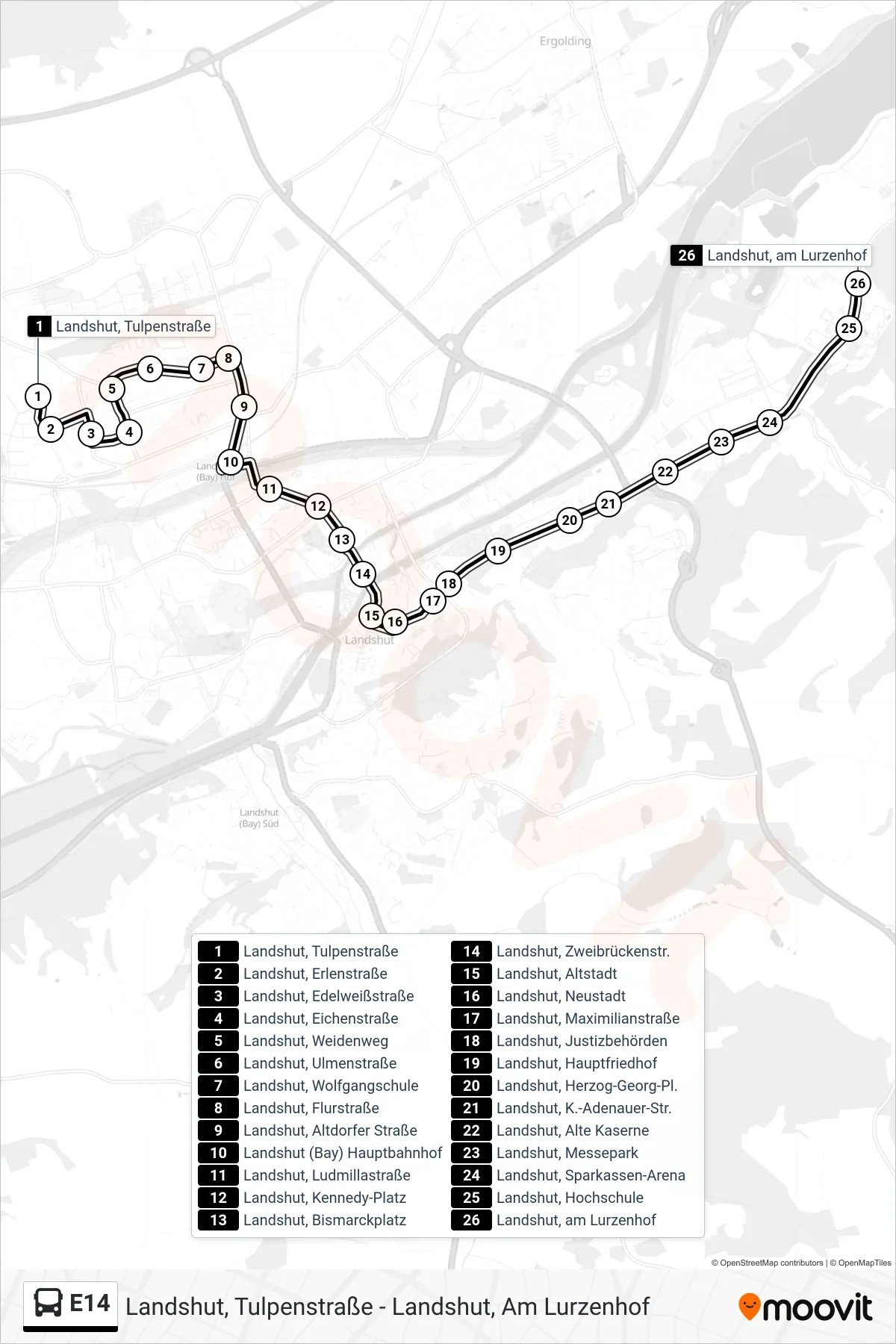 Linie E14 (Bus) Richtung Landshut, am Lurzenhof: Route und Haltestellen auf der Karte