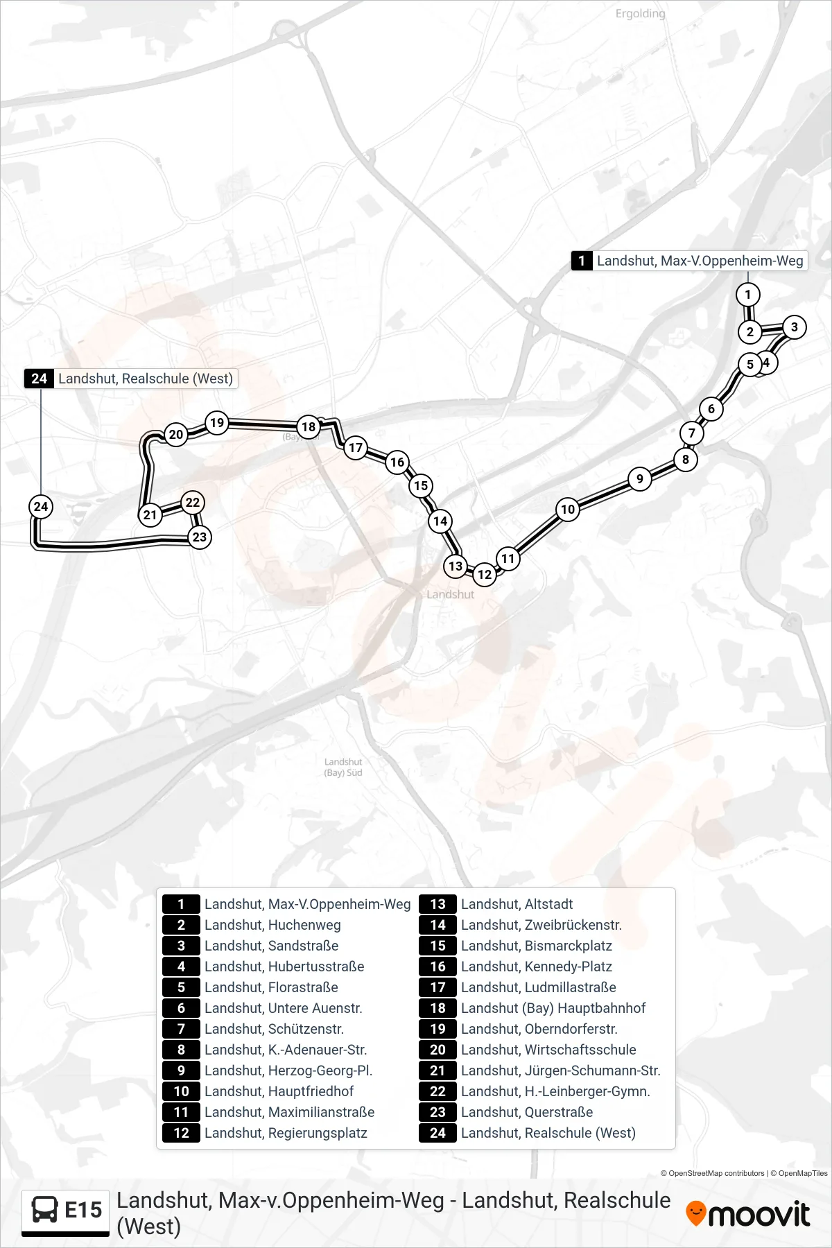 Linie E15 (Bus) Richtung Landshut, Realschule (West): Route und Haltestellen auf der Karte