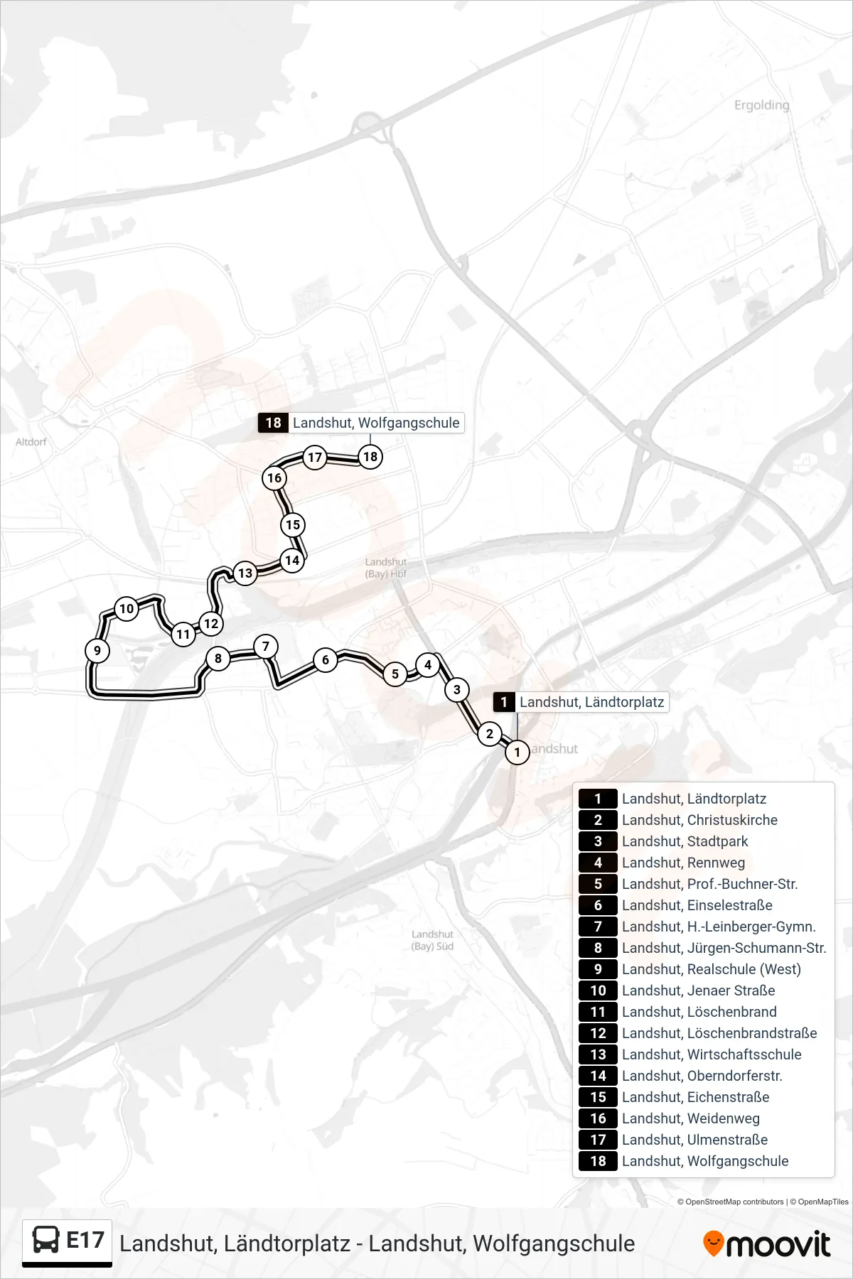 Linie E17 (Bus) Richtung Landshut, Wolfgangschule: Route und Haltestellen auf der Karte