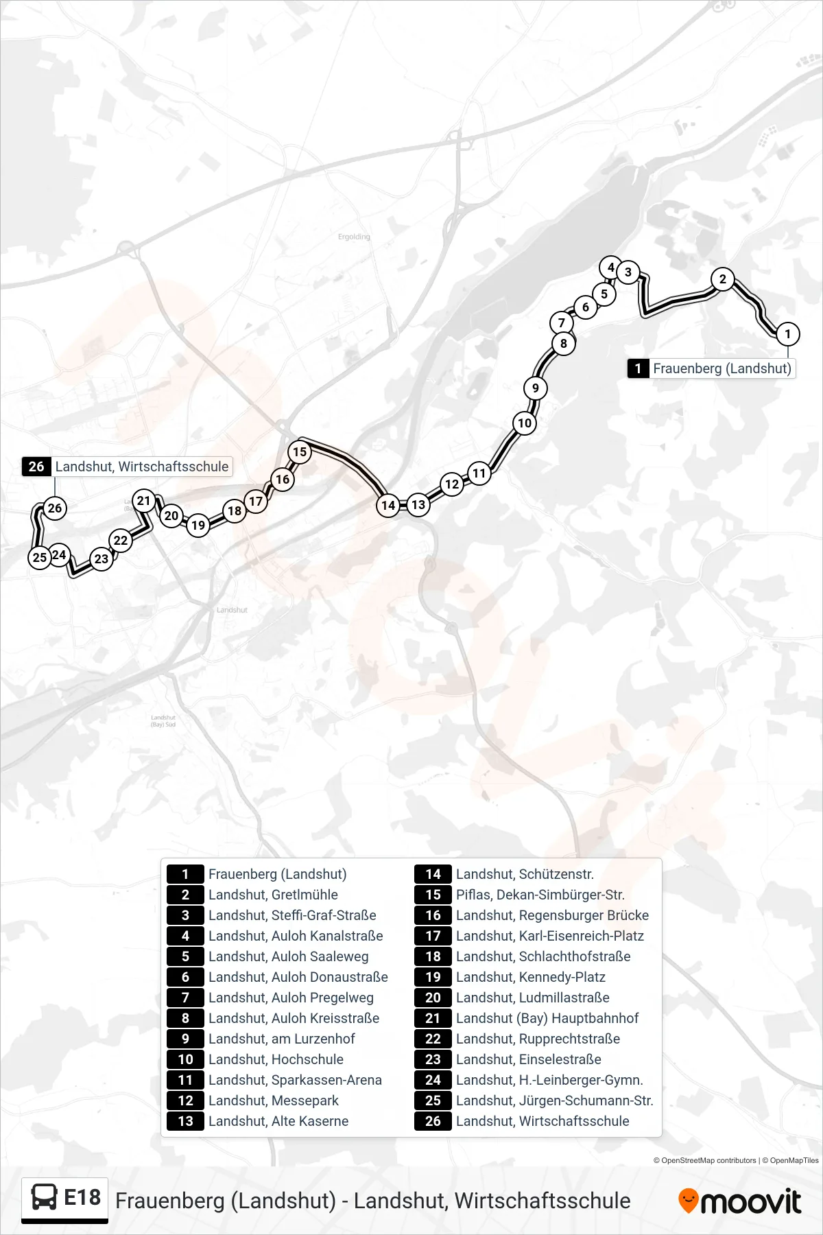 Linie E18 (Bus) Richtung Landshut, Wirtschaftsschule: Route und Haltestellen auf der Karte