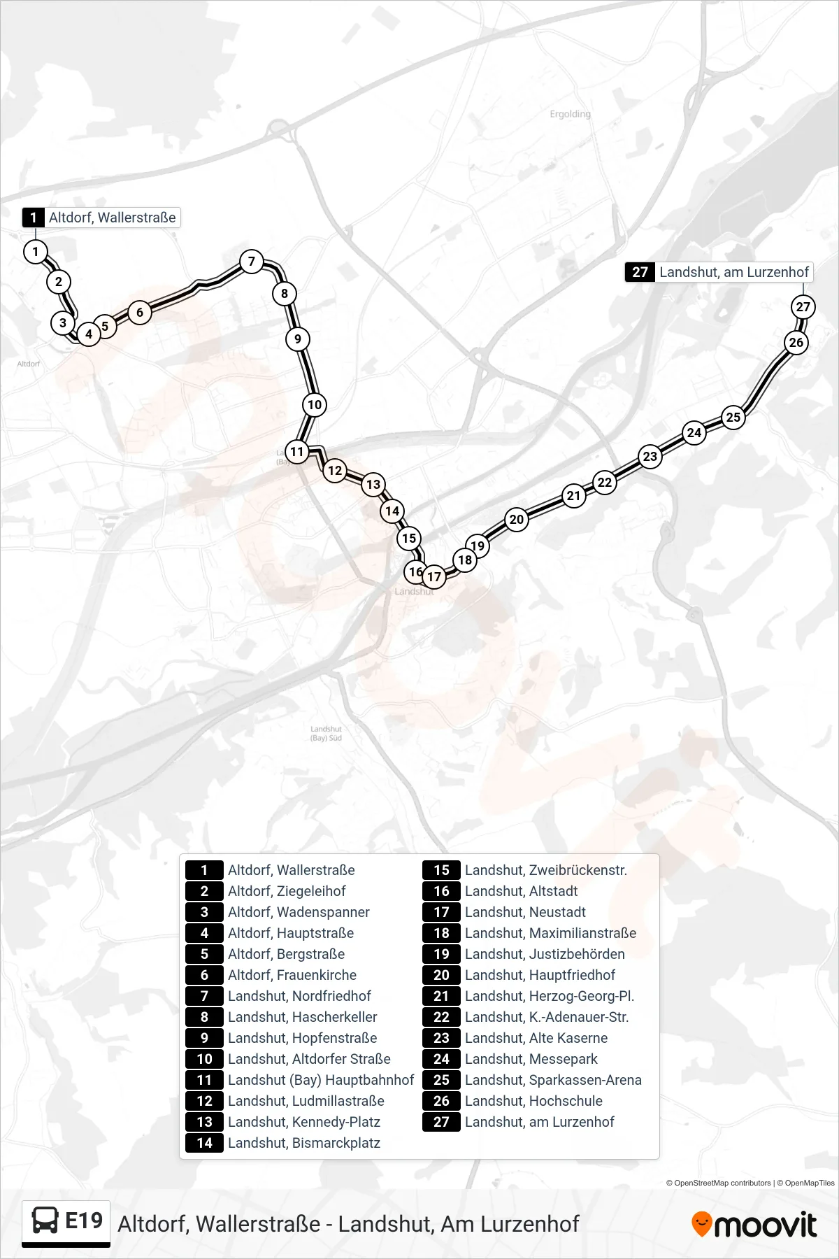 Linie E19 (Bus) Richtung Landshut, am Lurzenhof: Route und Haltestellen auf der Karte