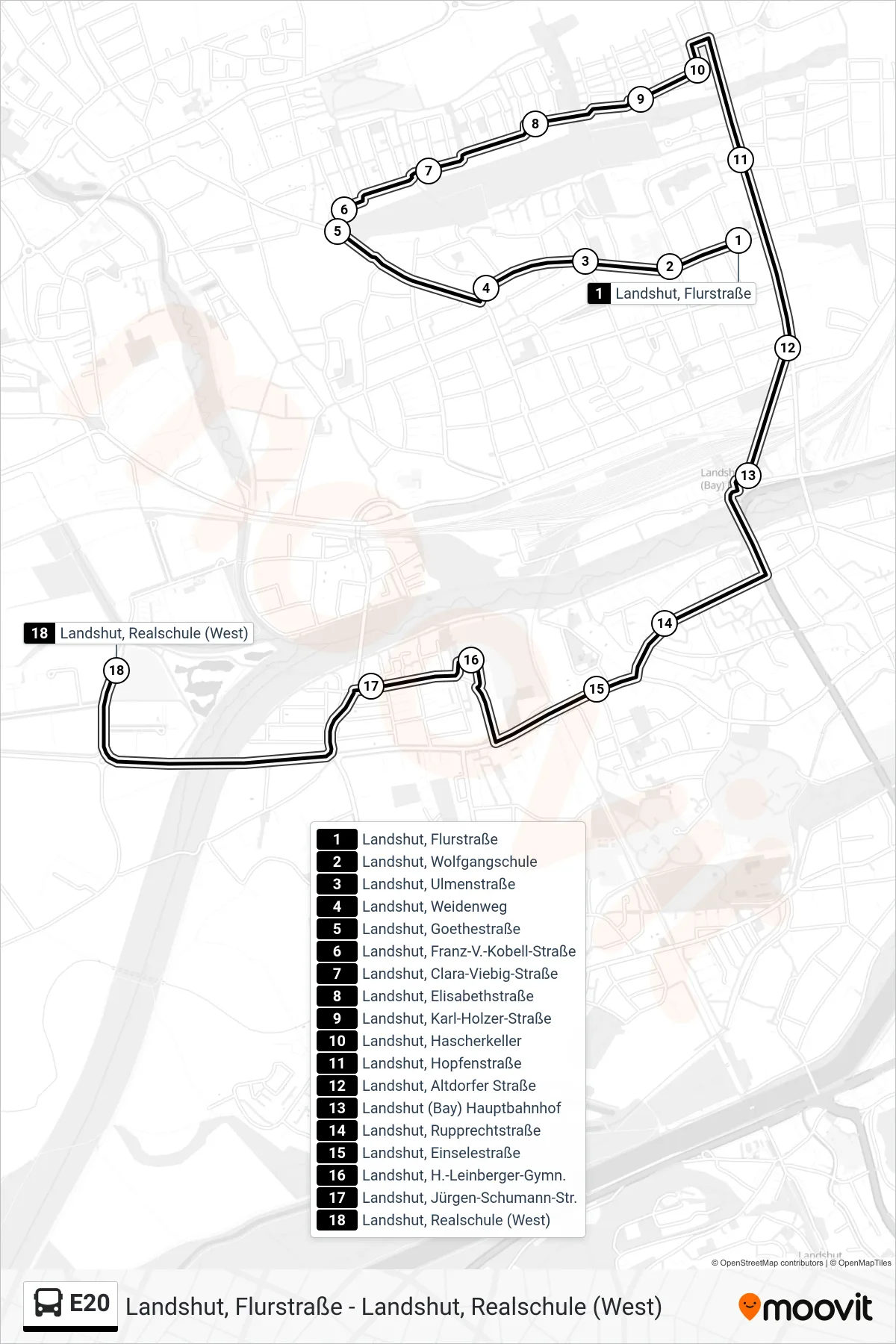 Linie E20 (Bus) Richtung Landshut, Realschule (West): Route und Haltestellen auf der Karte