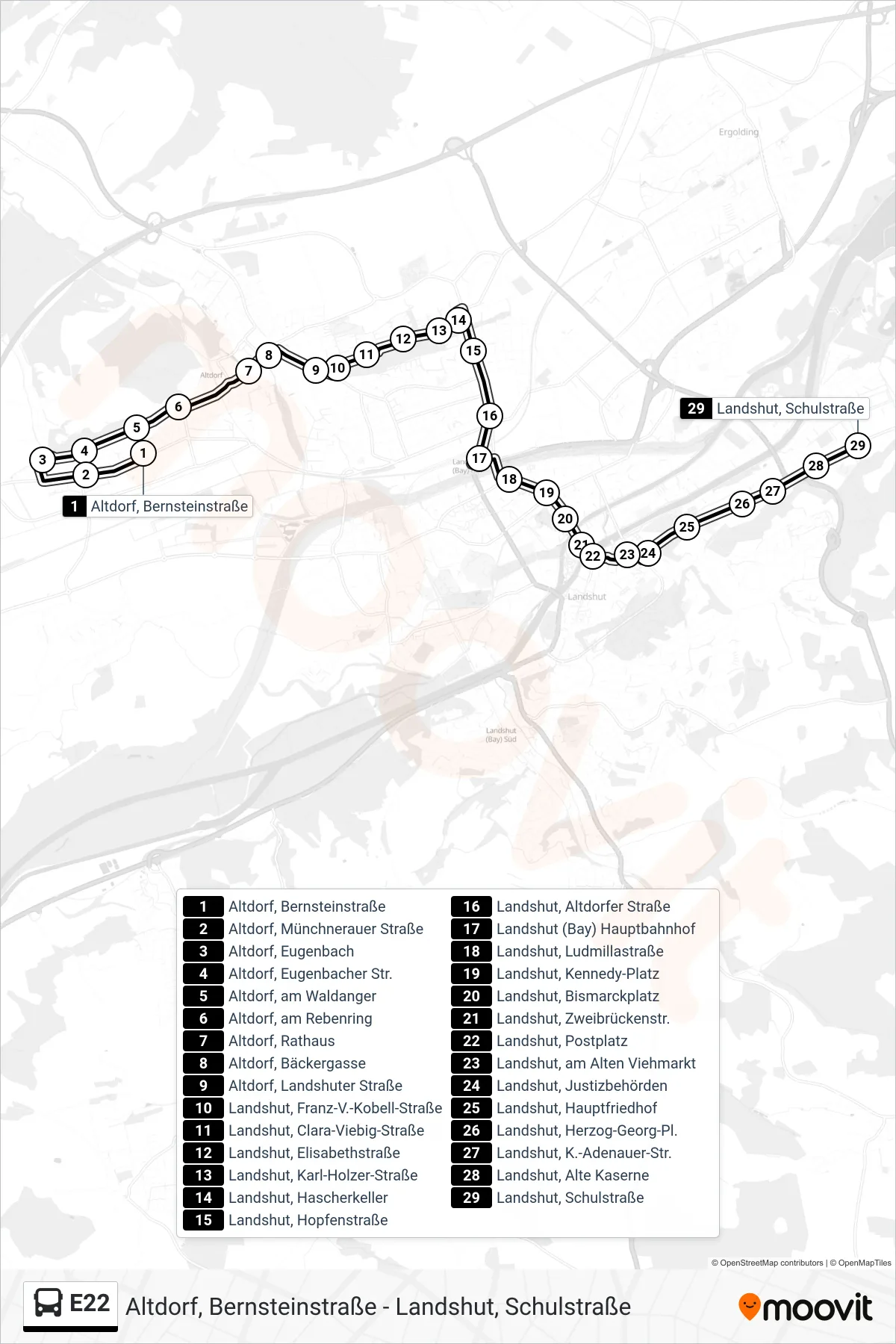 Linie E22 (Bus) Richtung Landshut, Schulstraße: Route und Haltestellen auf der Karte