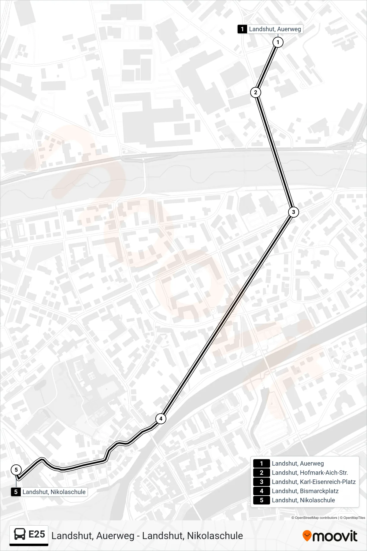 Linie E25 (Bus) Richtung Landshut, Nikolaschule: Route und Haltestellen auf der Karte