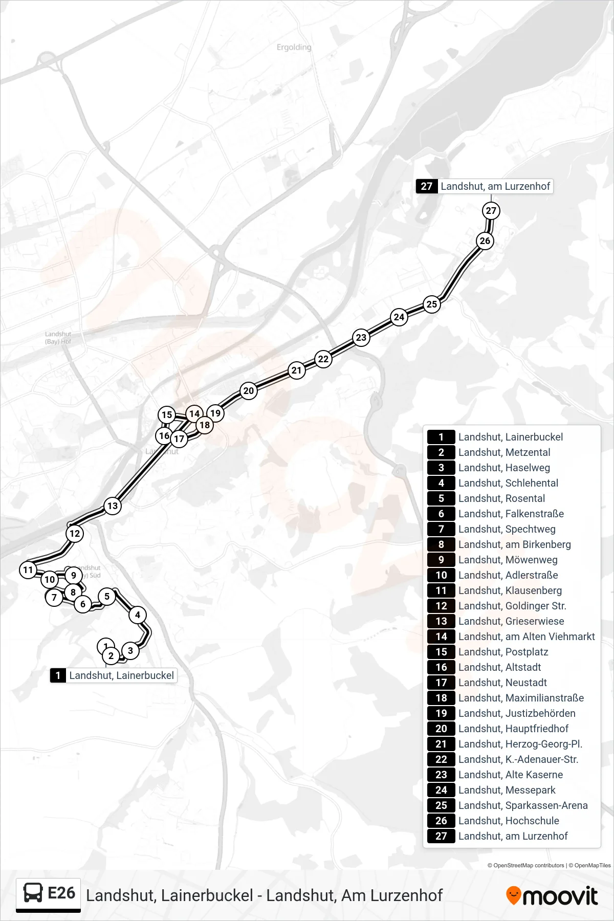 Linie E26 (Bus) Richtung Landshut, am Lurzenhof: Route und Haltestellen auf der Karte