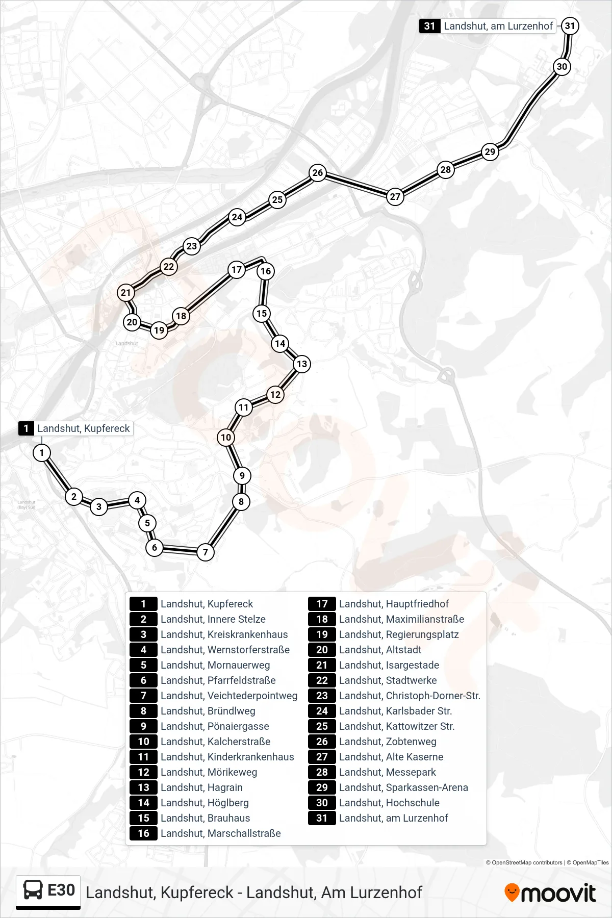 Linie E30 (Bus) Richtung Landshut, am Lurzenhof: Route und Haltestellen auf der Karte