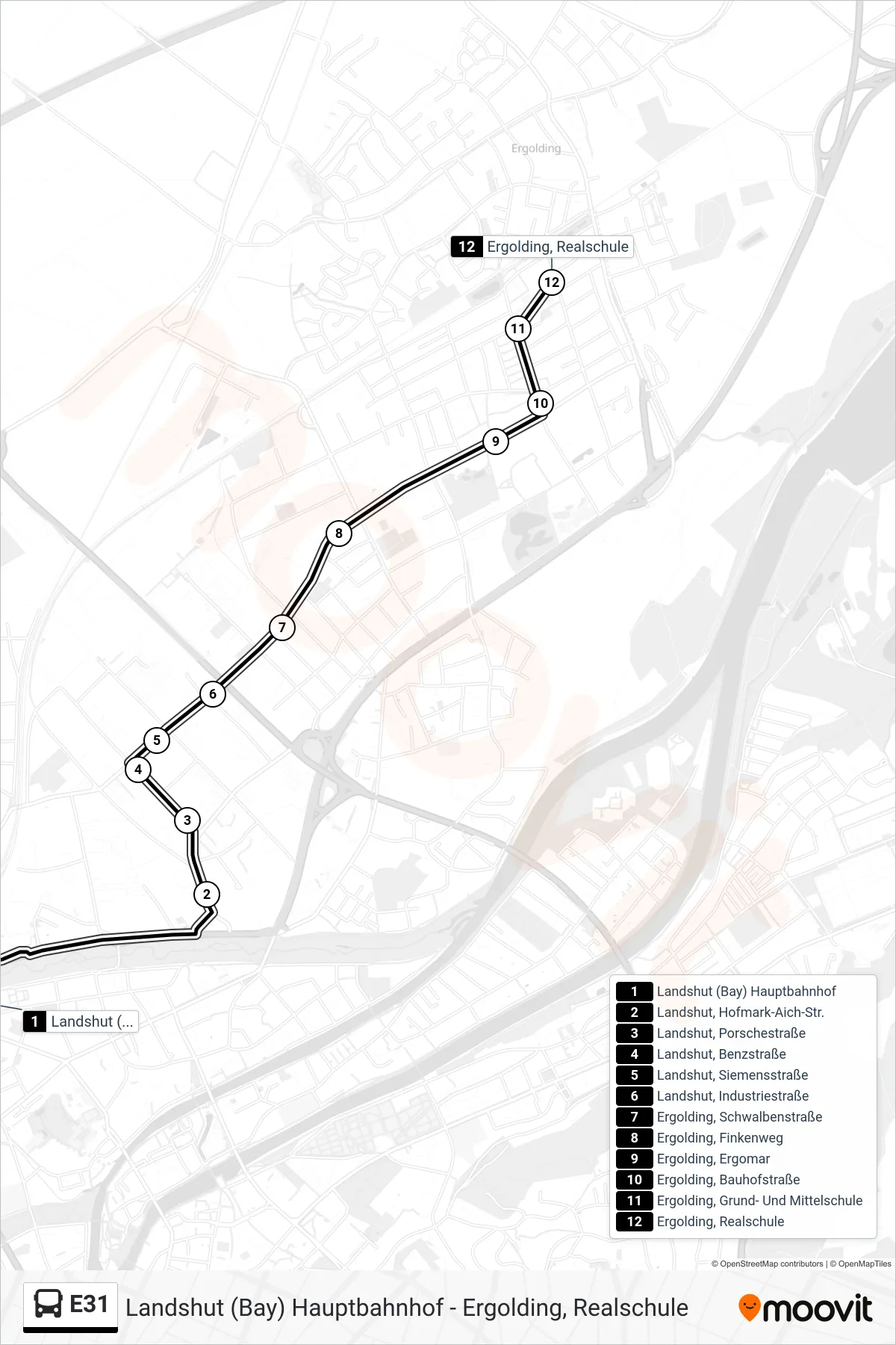 Linie E31 (Bus) Richtung Ergolding, Realschule: Route und Haltestellen auf der Karte