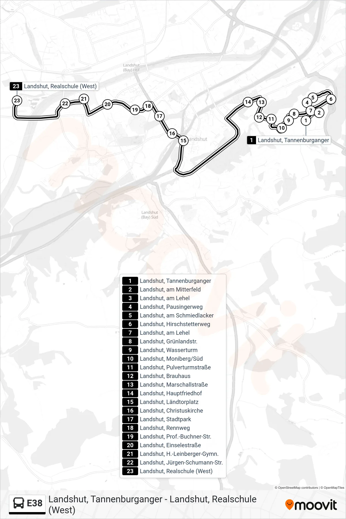 Linie E38 (Bus) Richtung Landshut, Realschule (West): Route und Haltestellen auf der Karte