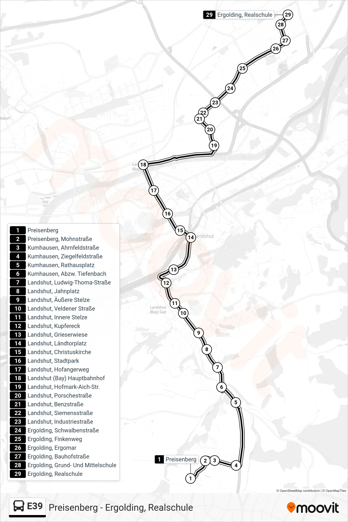 Linie E39 (Bus) Richtung Ergolding, Realschule: Route und Haltestellen auf der Karte