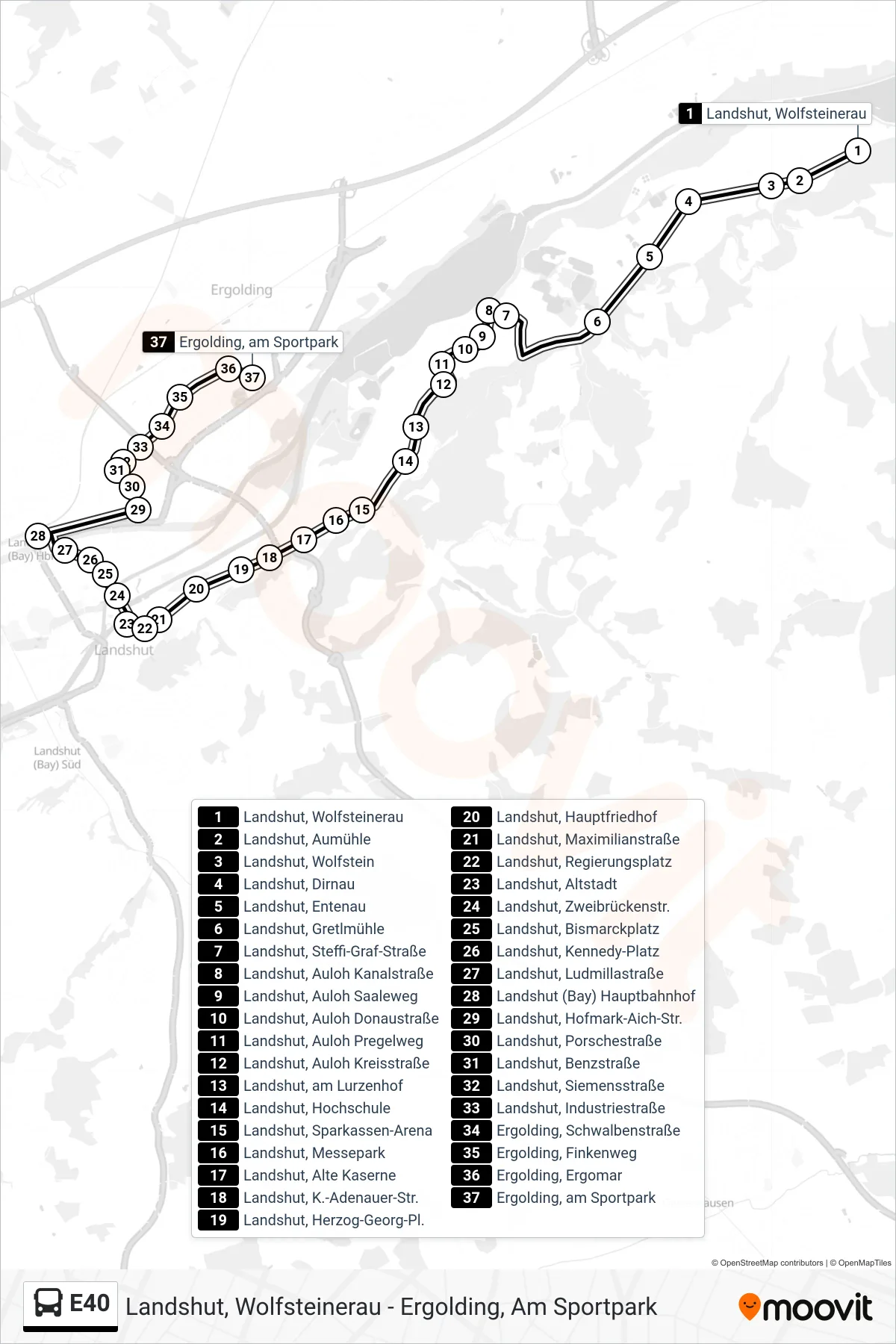 Linie E40 (Bus) Richtung Ergolding, am Sportpark: Route und Haltestellen auf der Karte