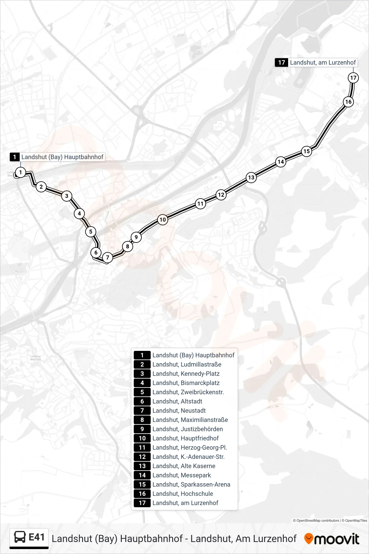 Linie E41 (Bus) Richtung Landshut, am Lurzenhof: Route und Haltestellen auf der Karte