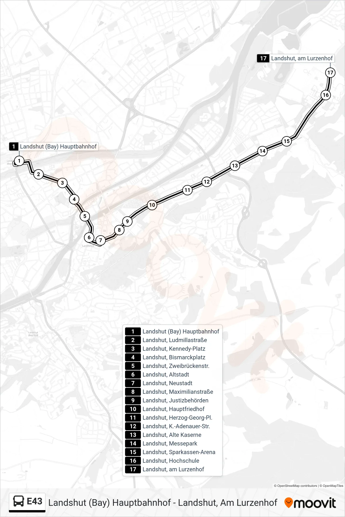 Linie E43 (Bus) Richtung Landshut, am Lurzenhof: Route und Haltestellen auf der Karte