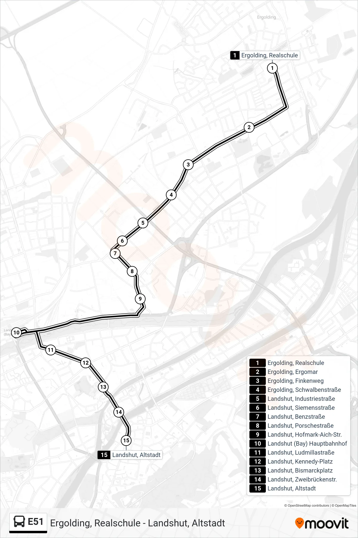 Linie E51 (Bus) Richtung Landshut, Altstadt: Route und Haltestellen auf der Karte