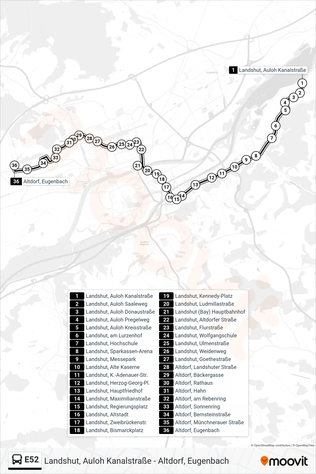 Linie E52 (Bus) Richtung Altdorf, Eugenbach: Route und Haltestellen auf der Karte