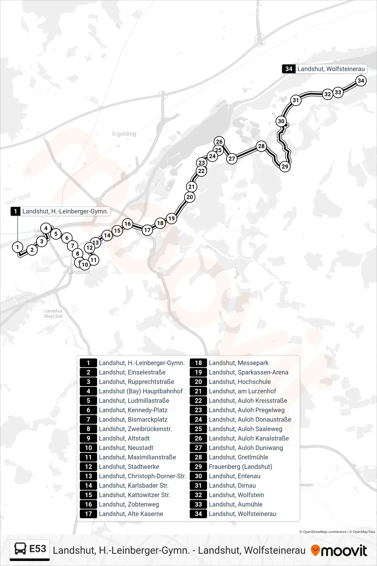 Linie E53 (Bus) Richtung Landshut, Wolfsteinerau: Route und Haltestellen auf der Karte