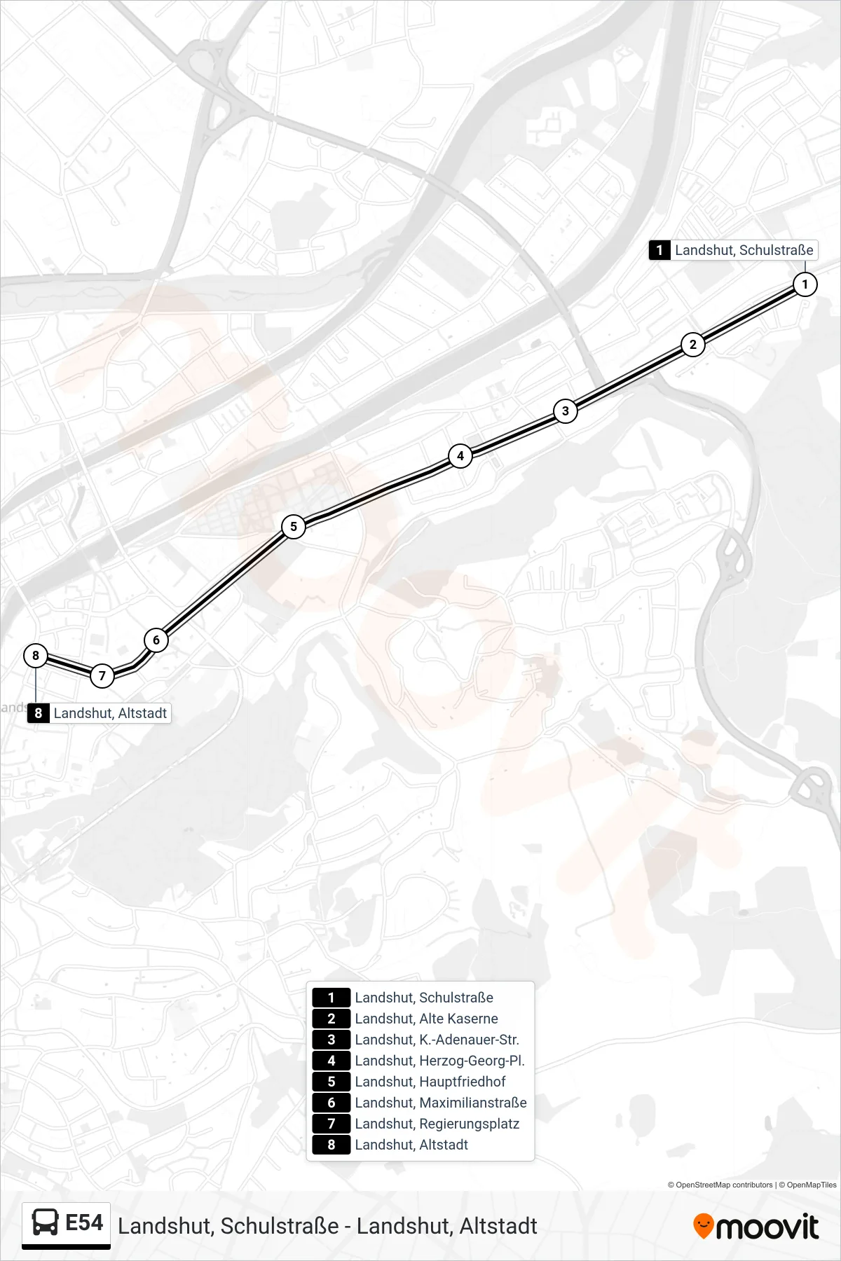 Linie E54 (Bus) Richtung Landshut, Altstadt: Route und Haltestellen auf der Karte