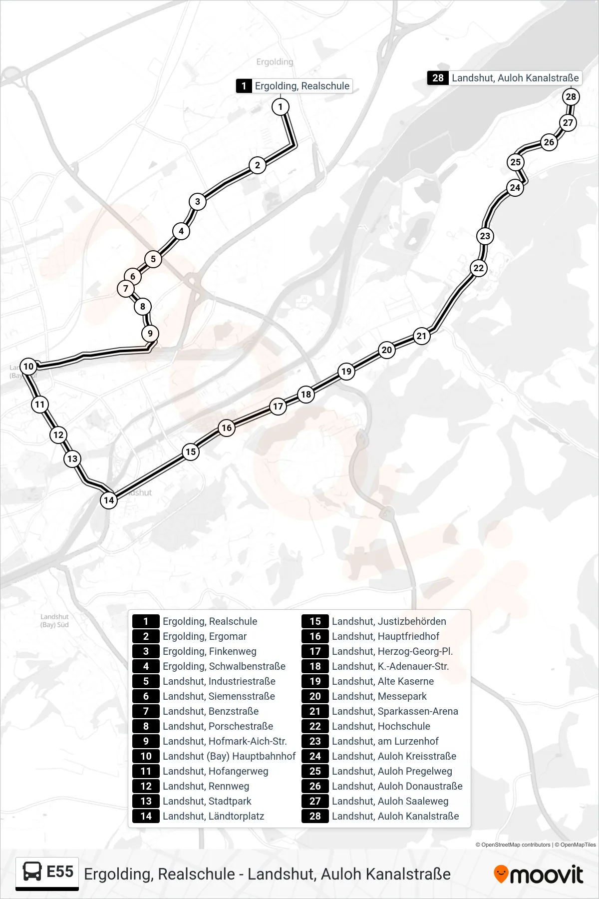 Linie E55 (Bus) Richtung Landshut, Auloh Kanalstraße: Route und Haltestellen auf der Karte