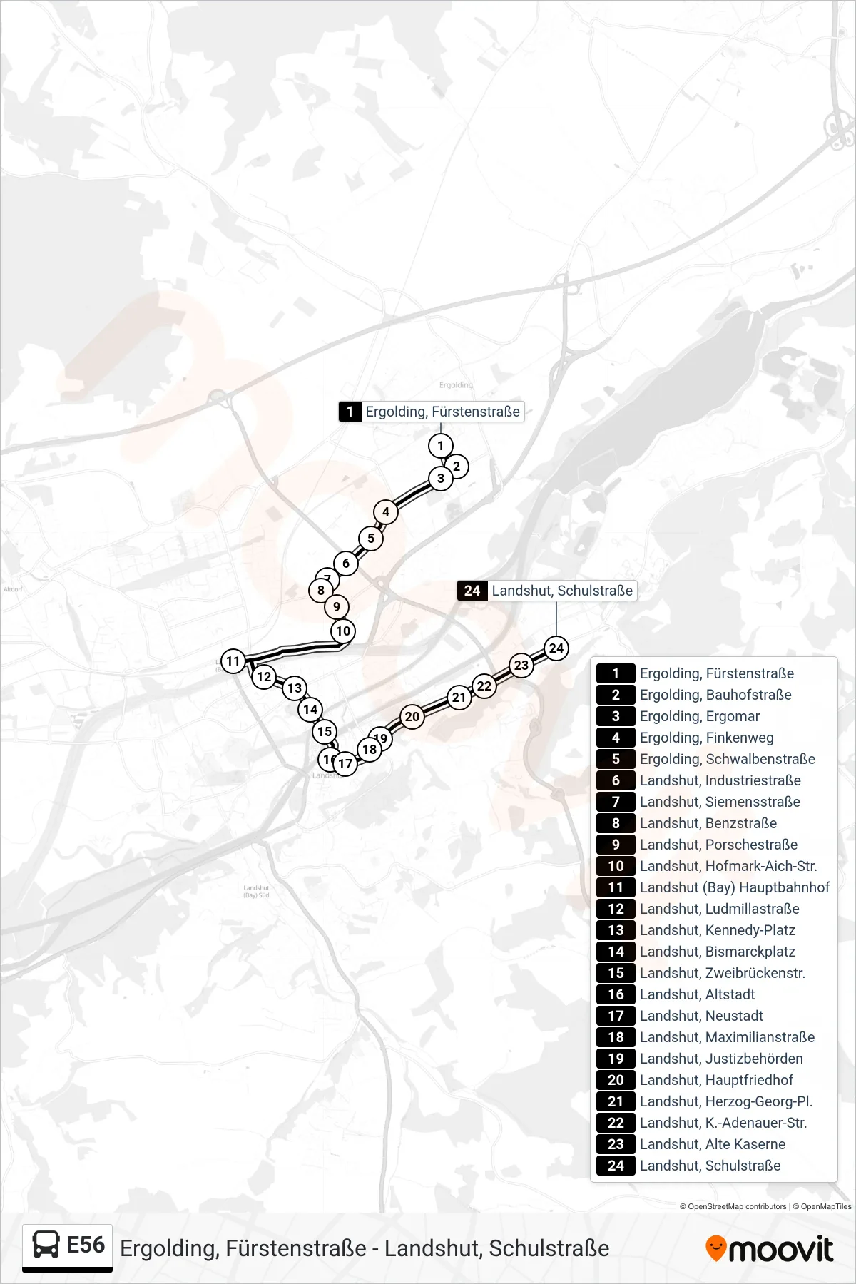 Linie E56 (Bus) Richtung Landshut, Schulstraße: Route und Haltestellen auf der Karte