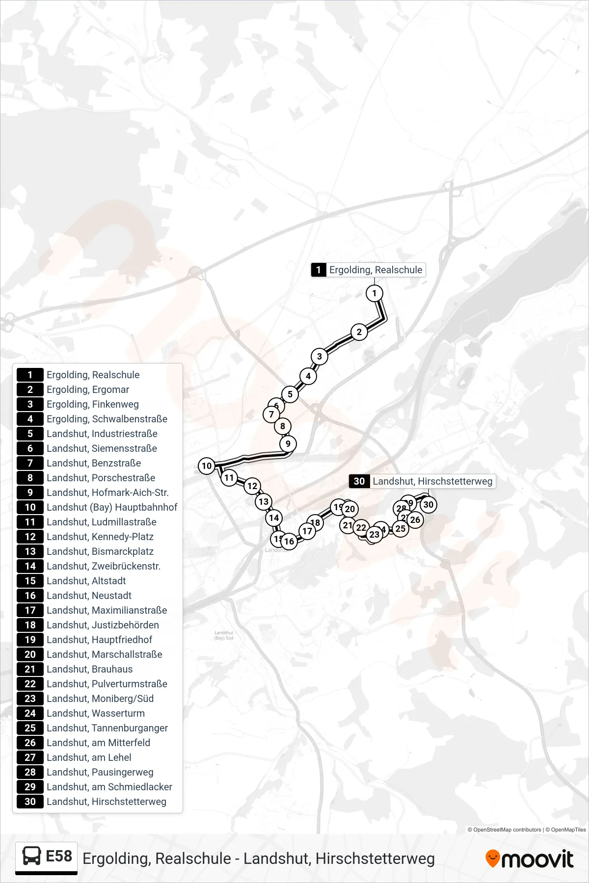 Linie E58 (Bus) Richtung Landshut, Hirschstetterweg: Route und Haltestellen auf der Karte