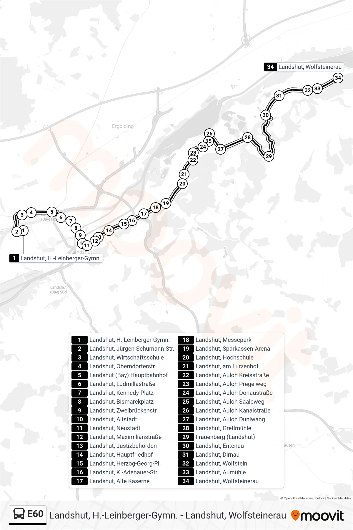 Linie E60 (Bus) Richtung Landshut, Wolfsteinerau: Route und Haltestellen auf der Karte