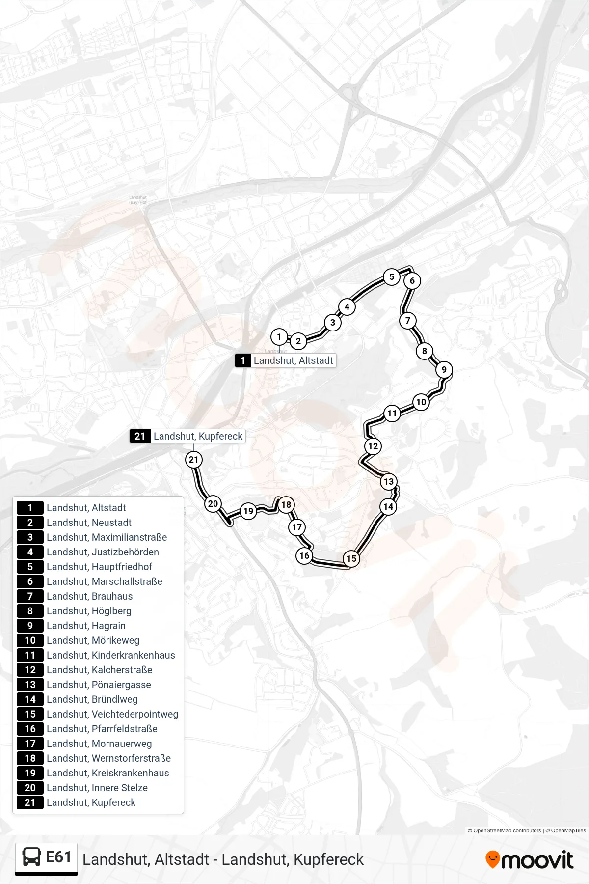 Linie E61 (Bus) Richtung Landshut, Kupfereck: Route und Haltestellen auf der Karte