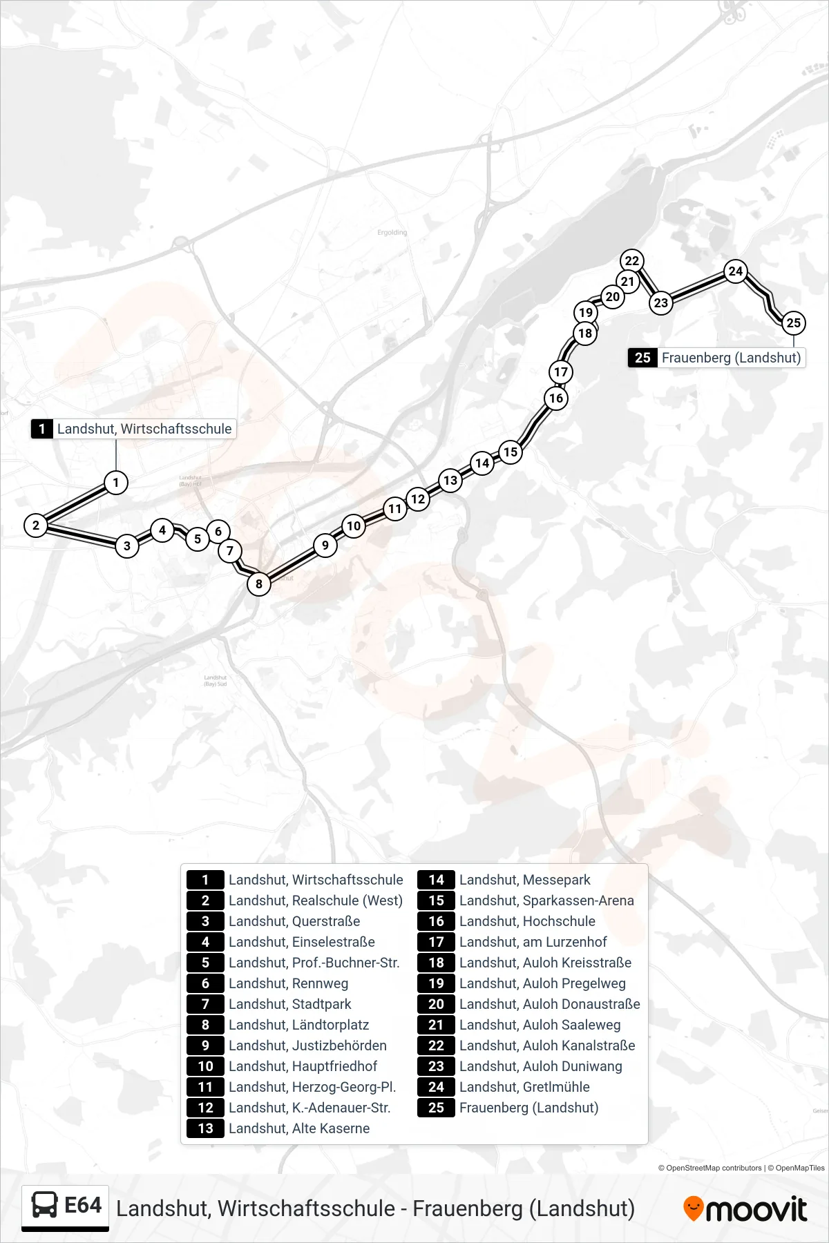 Linie E64 (Bus) Richtung Frauenberg (Landshut): Route und Haltestellen auf der Karte