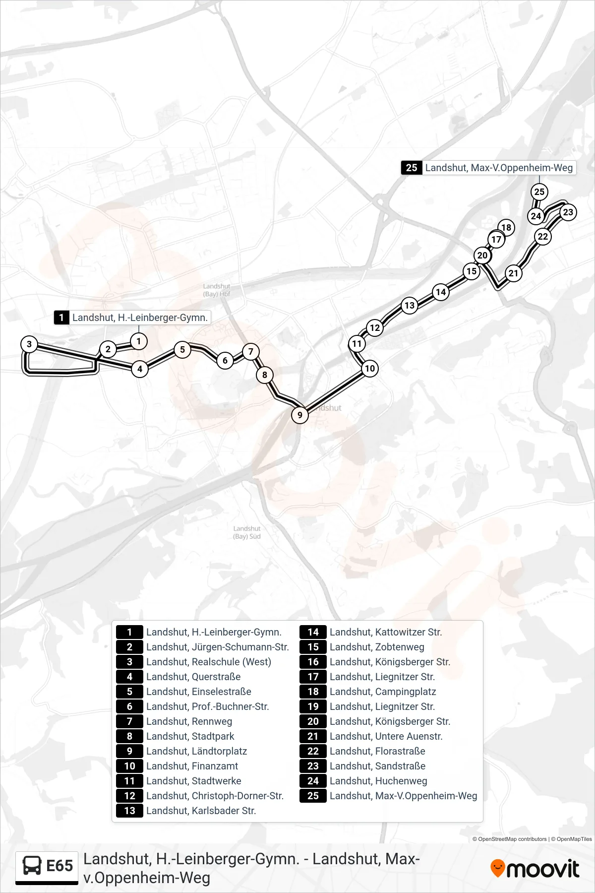 Linie E65 (Bus) Richtung Landshut, Max-V.Oppenheim-Weg: Route und Haltestellen auf der Karte