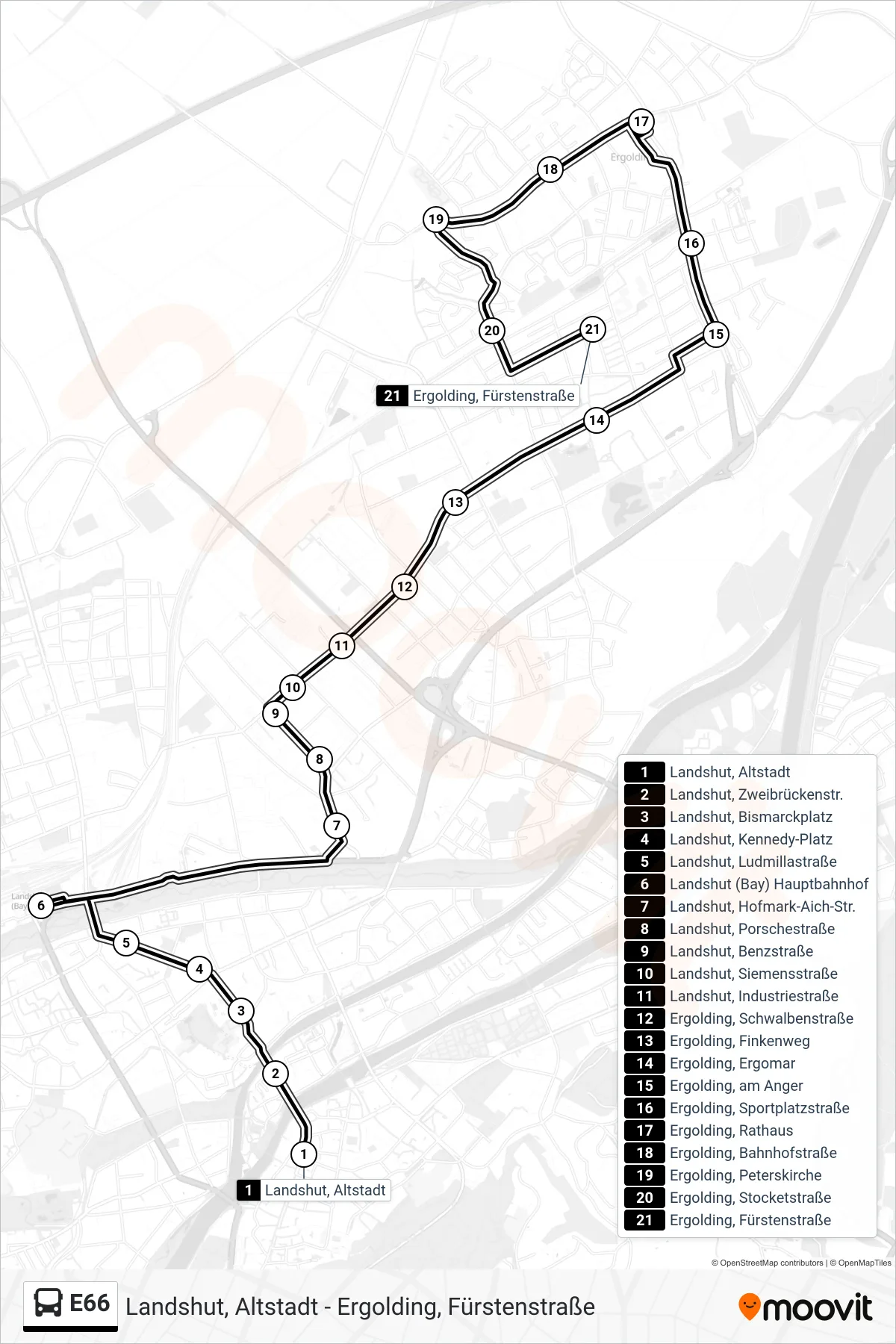 Linie E66 (Bus) Richtung Ergolding, Fürstenstraße: Route und Haltestellen auf der Karte