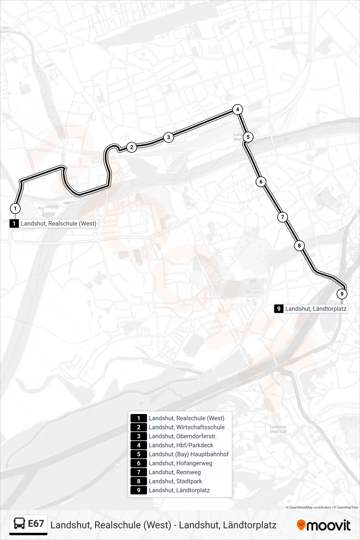 Linie E67 (Bus) Richtung Landshut, Ländtorplatz: Route und Haltestellen auf der Karte