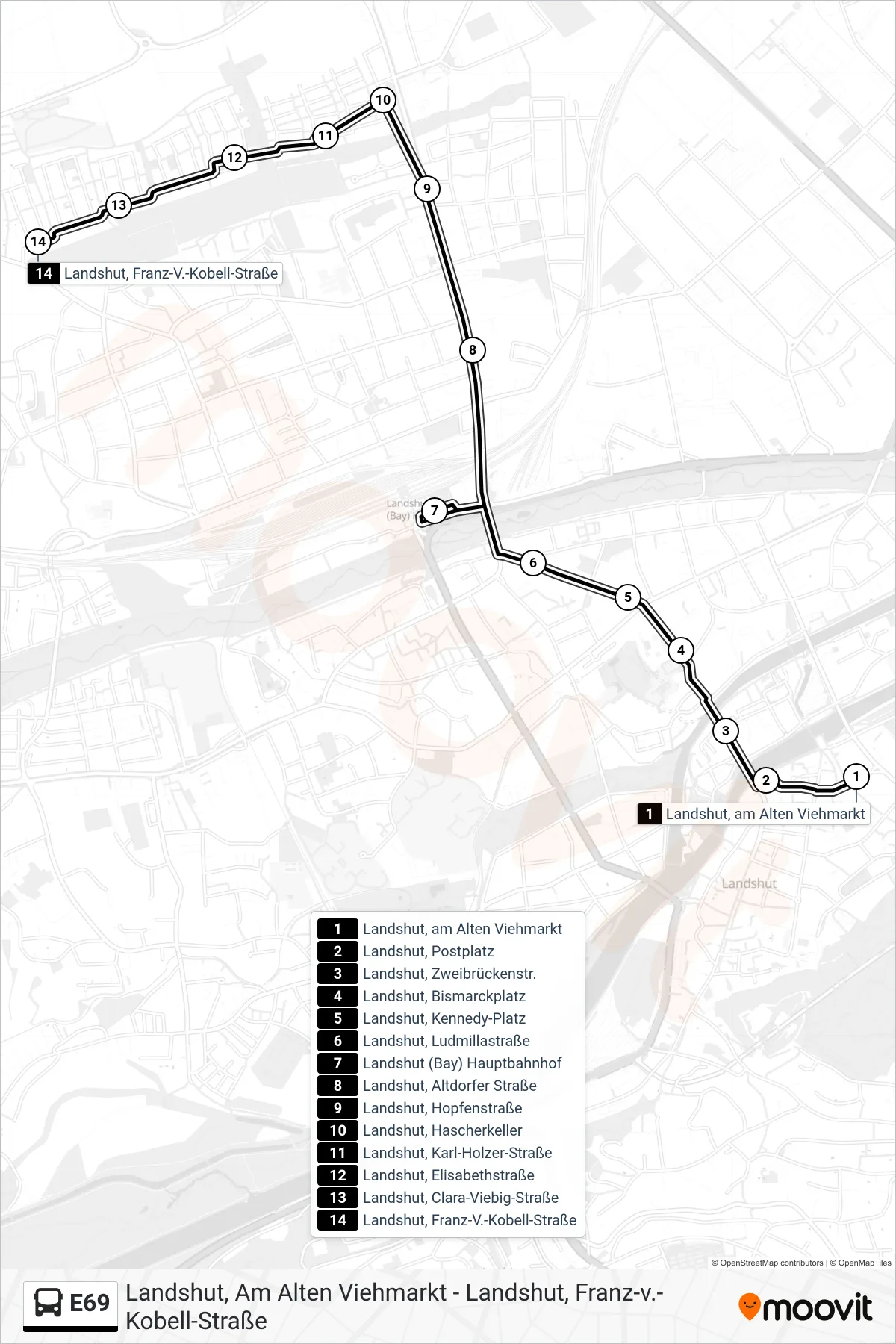 Linie E69 (Bus) Richtung Landshut, Franz-V.-Kobell-Straße: Route und Haltestellen auf der Karte