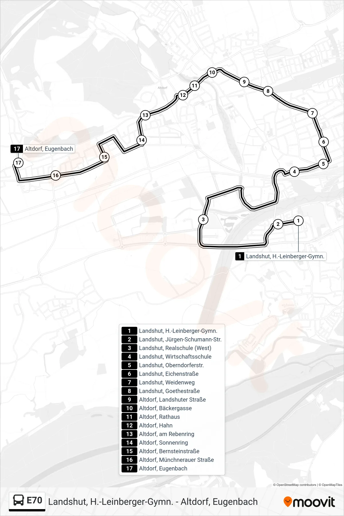 Linie E70 (Bus) Richtung Altdorf, Eugenbach: Route und Haltestellen auf der Karte