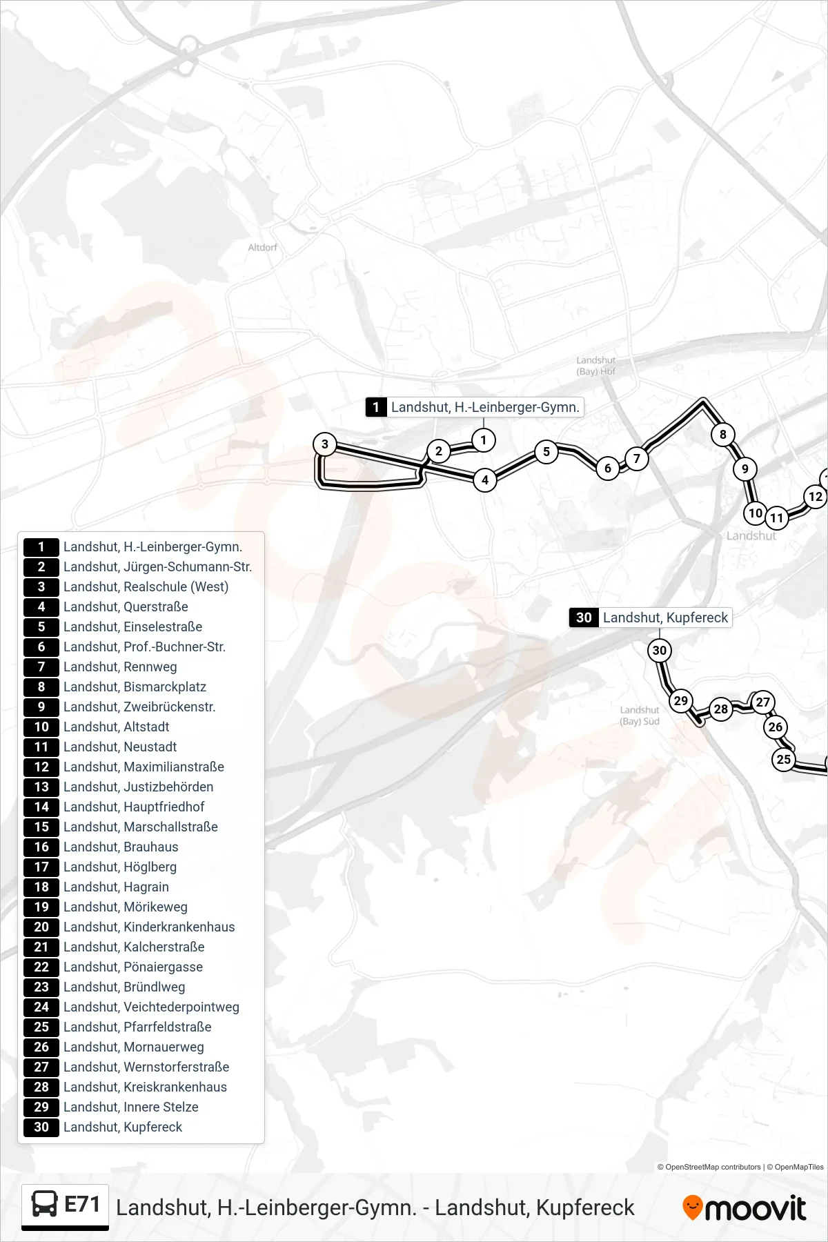 Linie E71 (Bus) Richtung Landshut, Kupfereck: Route und Haltestellen auf der Karte