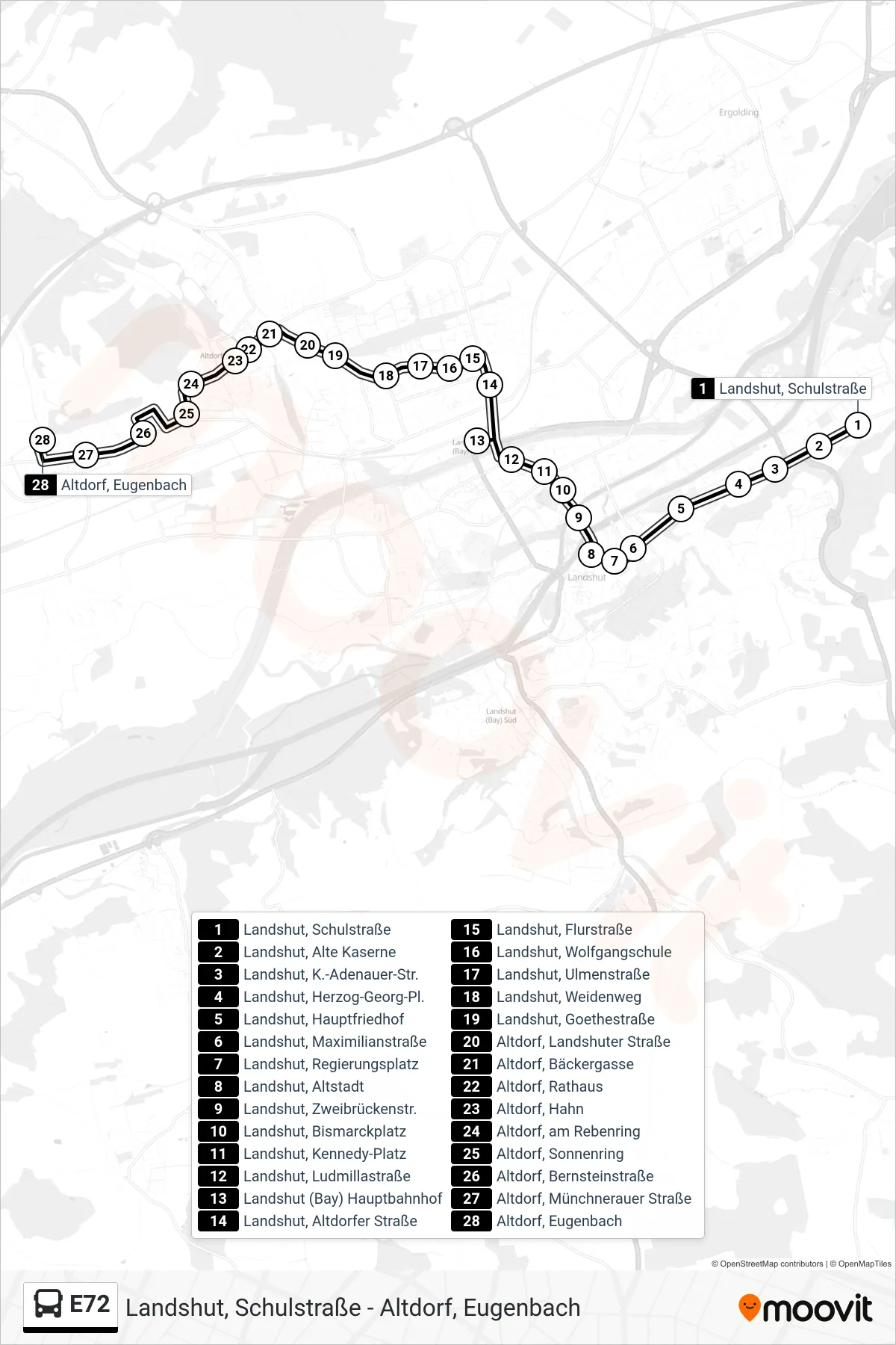 Linie E72 (Bus) Richtung Altdorf, Eugenbach: Route und Haltestellen auf der Karte