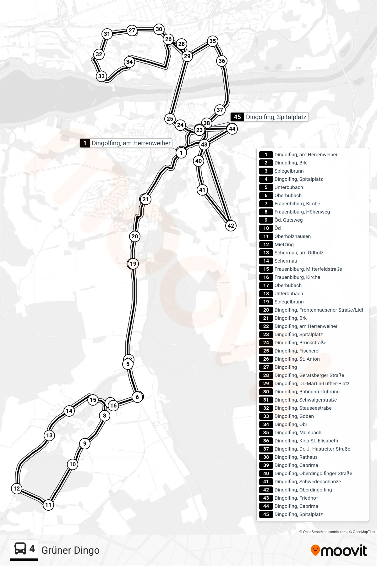Linie 4 (Bus) Richtung Grüner Dingo: Route und Haltestellen auf der Karte