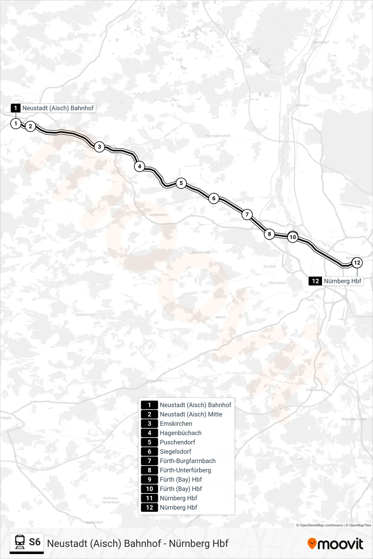 S6 train Line (Nürnberg Hbf) route and stops on a map