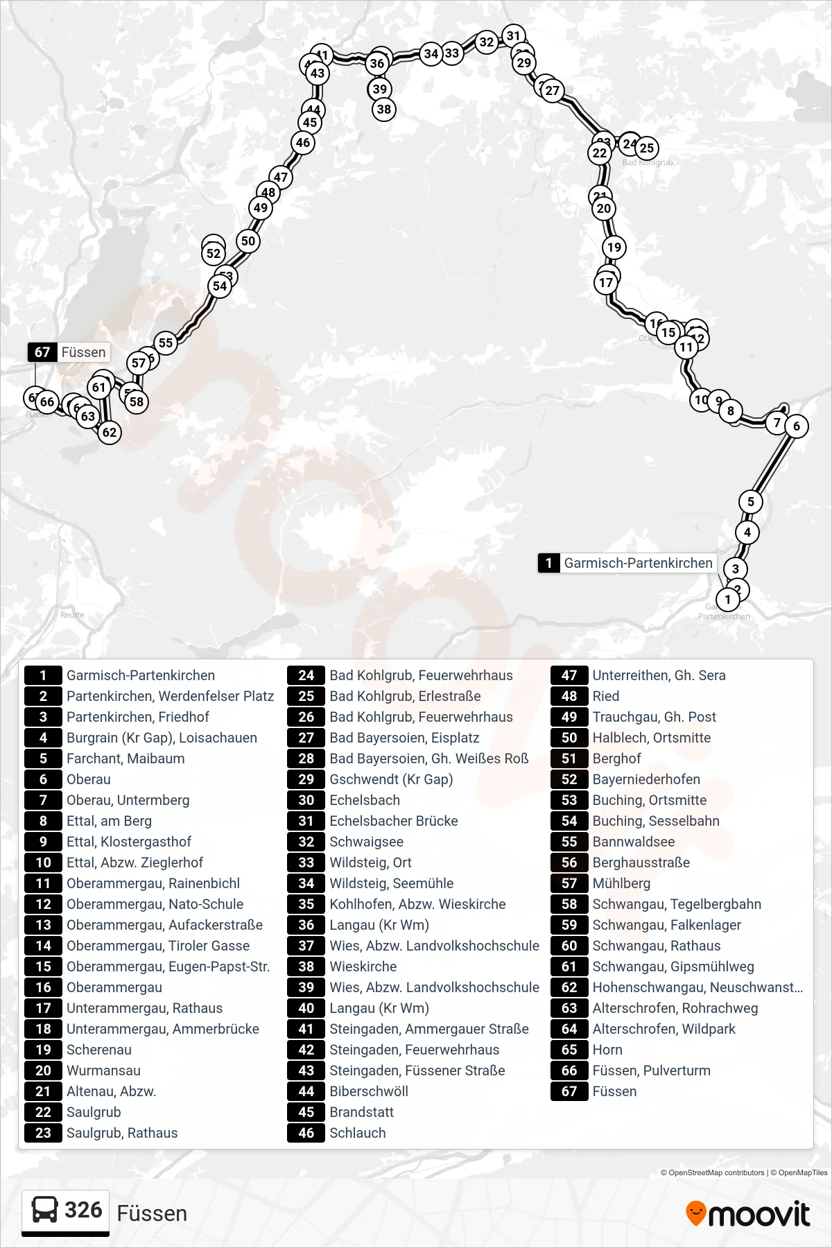 326 bus Line (Füssen) route and stops on a map