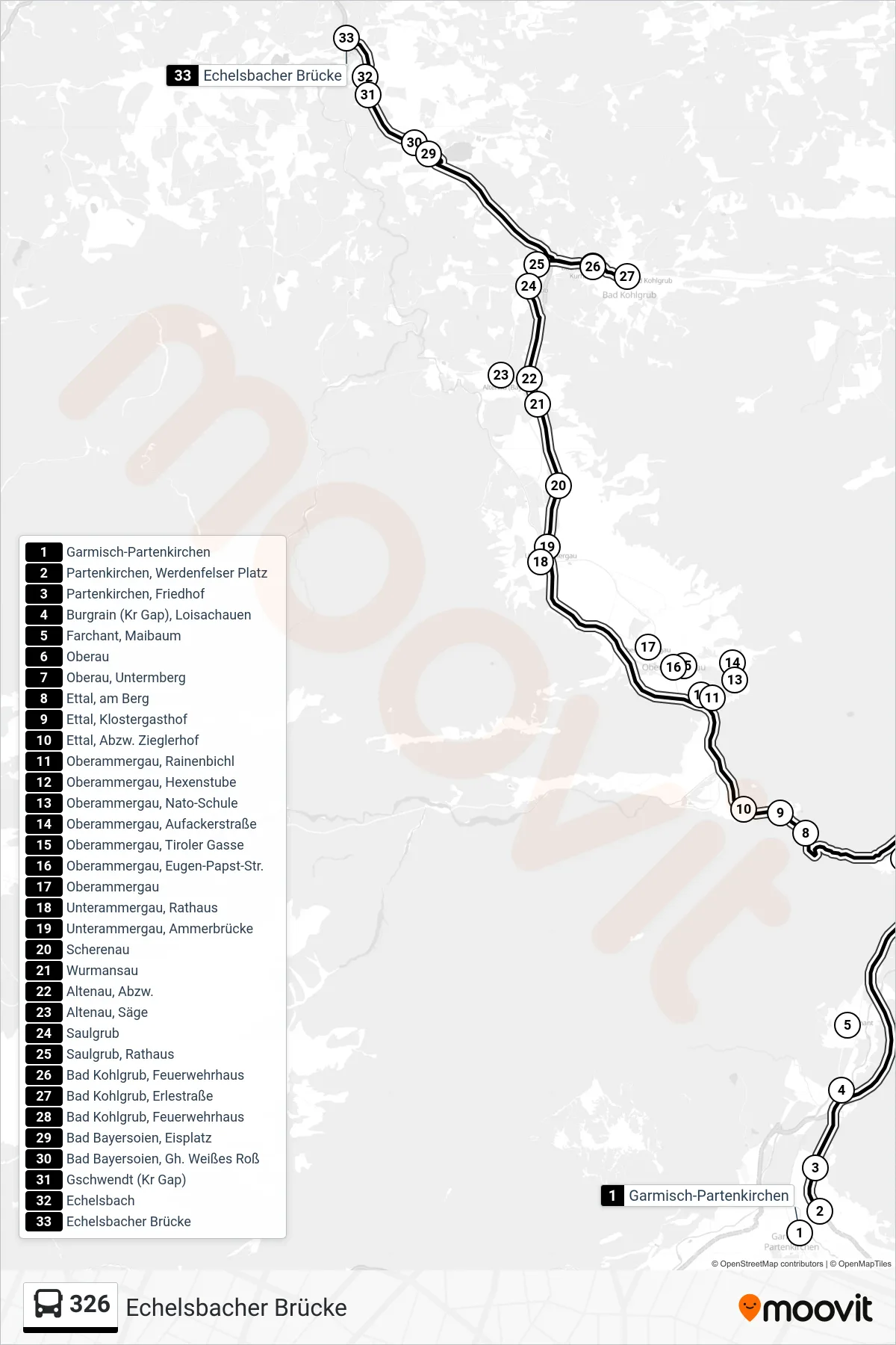 Linie 326 (Bus) Richtung Echelsbacher Brücke: Route und Haltestellen auf der Karte