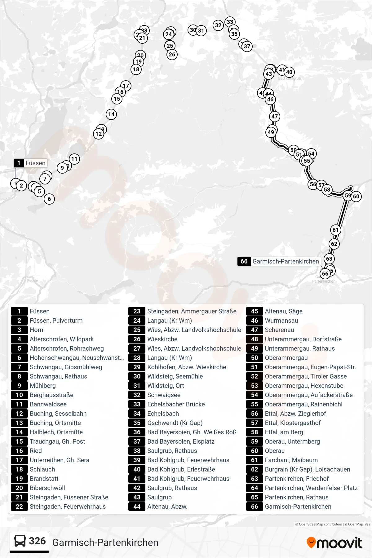 326 bus Line (Garmisch-Partenkirchen) route and stops on a map