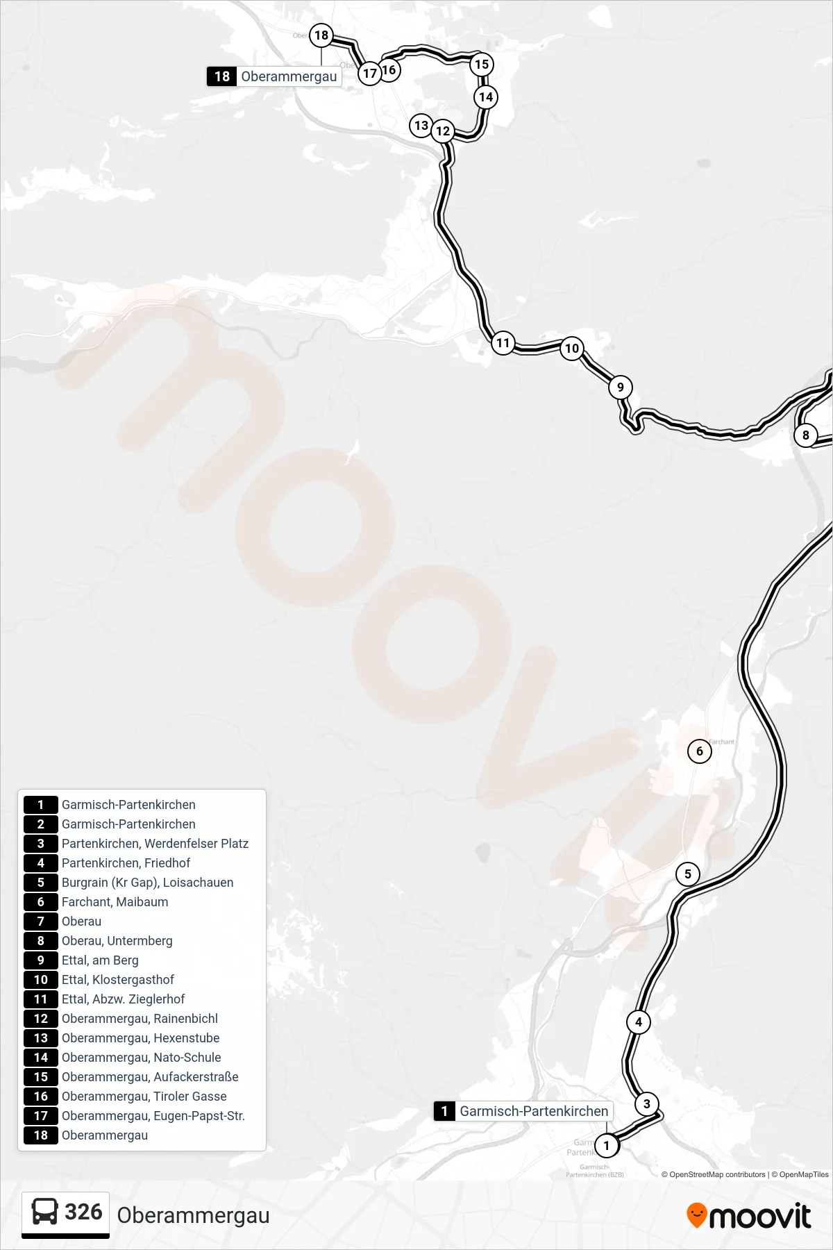 326 bus Line (Oberammergau) route and stops on a map