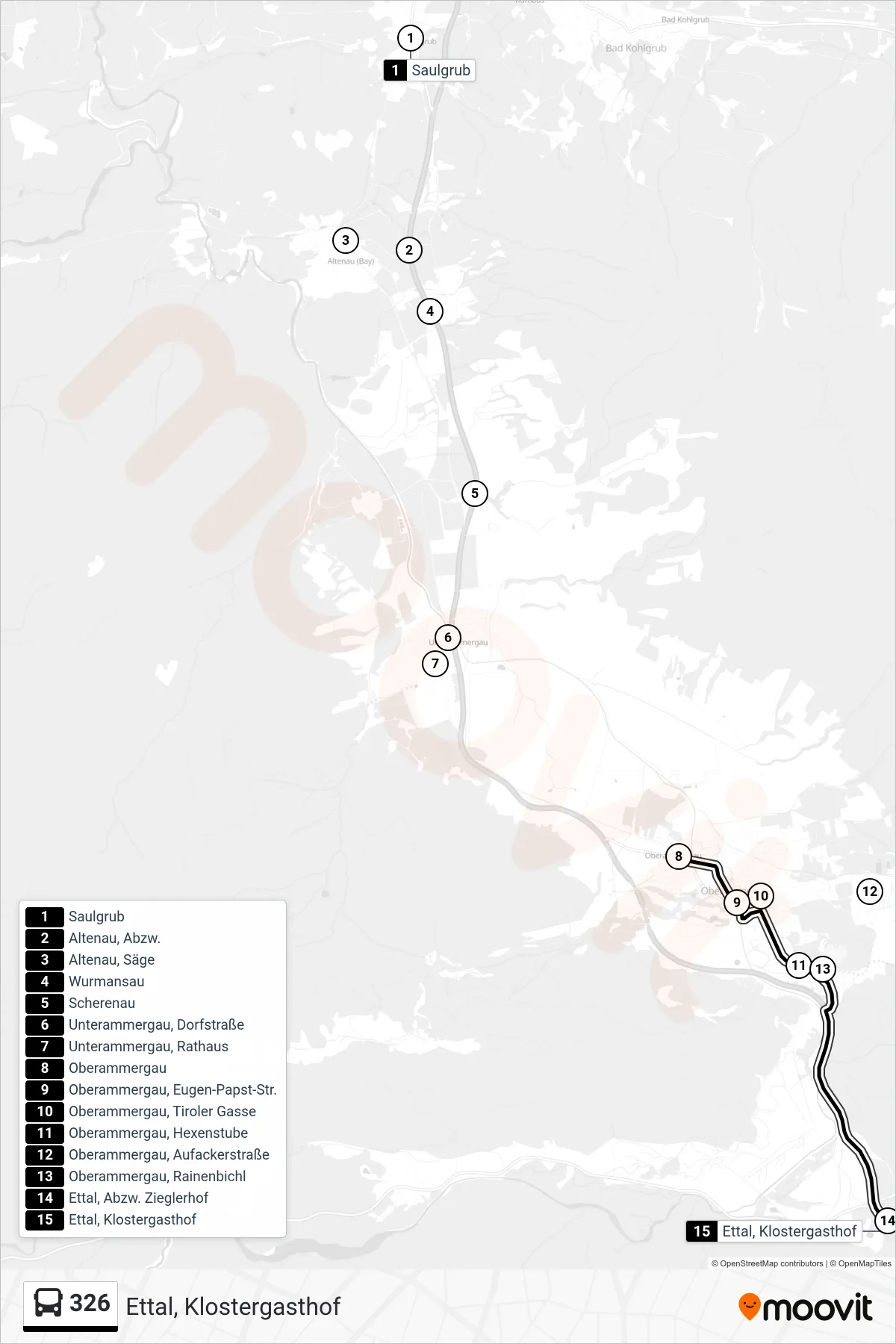 326 bus Line (Ettal, Klostergasthof) route and stops on a map