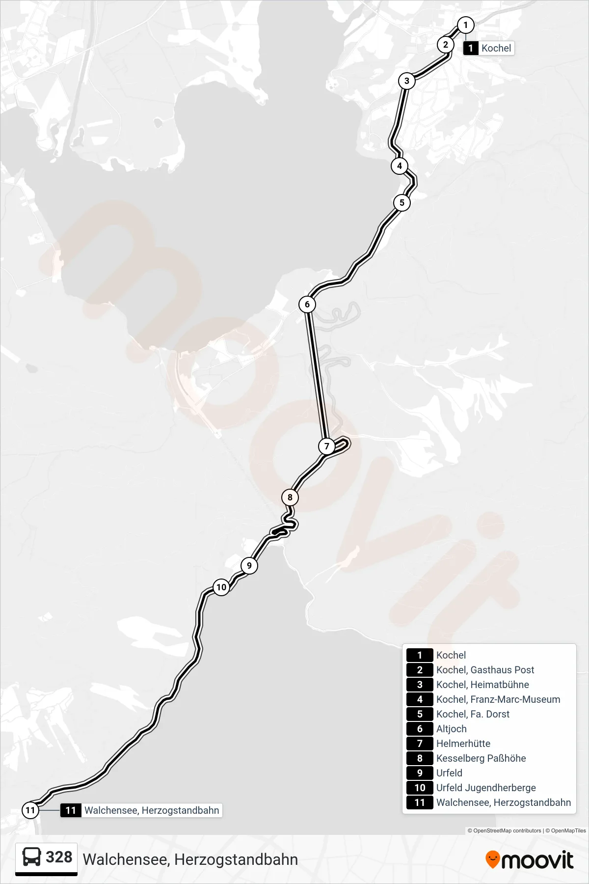 Linie 328 (Bus) Richtung Walchensee, Herzogstandbahn: Route und Haltestellen auf der Karte