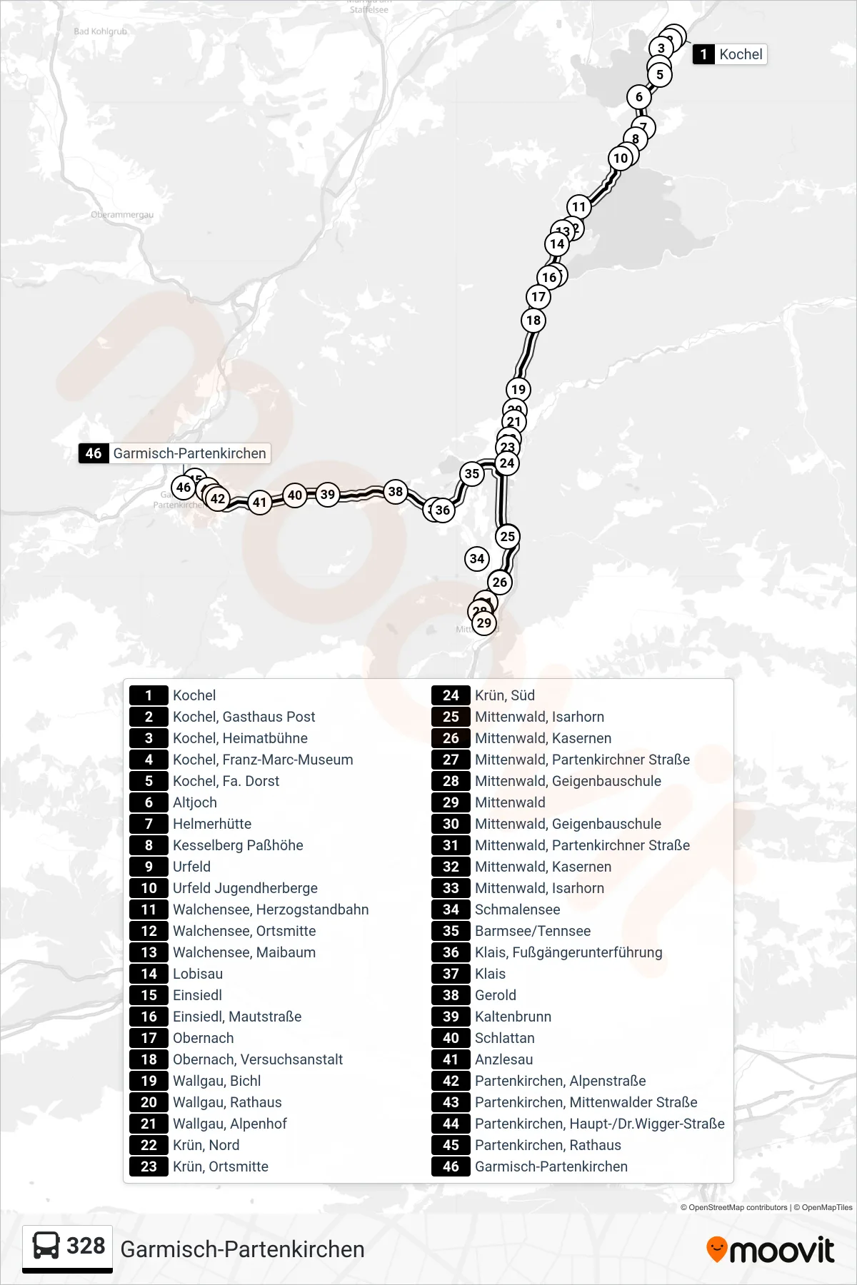 328 bus Line (Garmisch-Partenkirchen) route and stops on a map