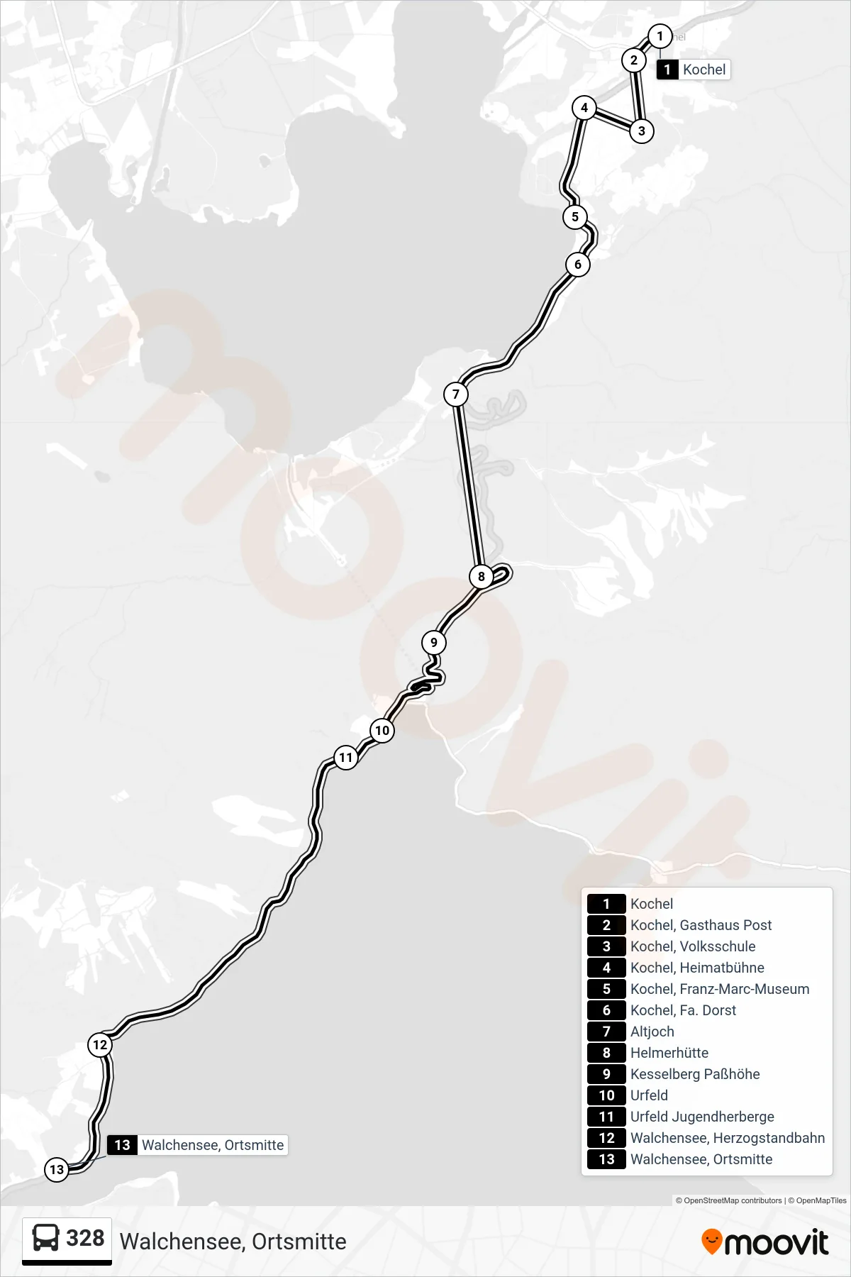 328 bus Line (Walchensee, Ortsmitte) route and stops on a map