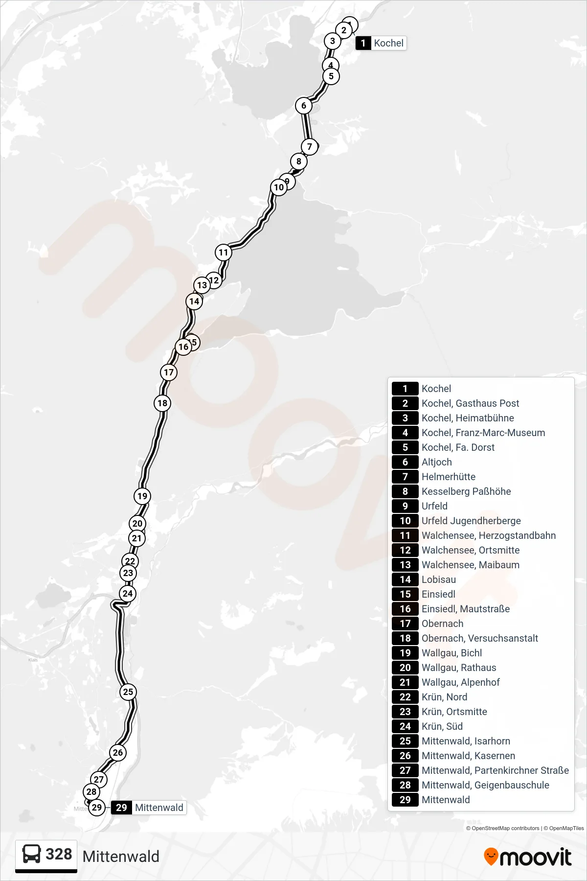 328 bus Line (Mittenwald) route and stops on a map