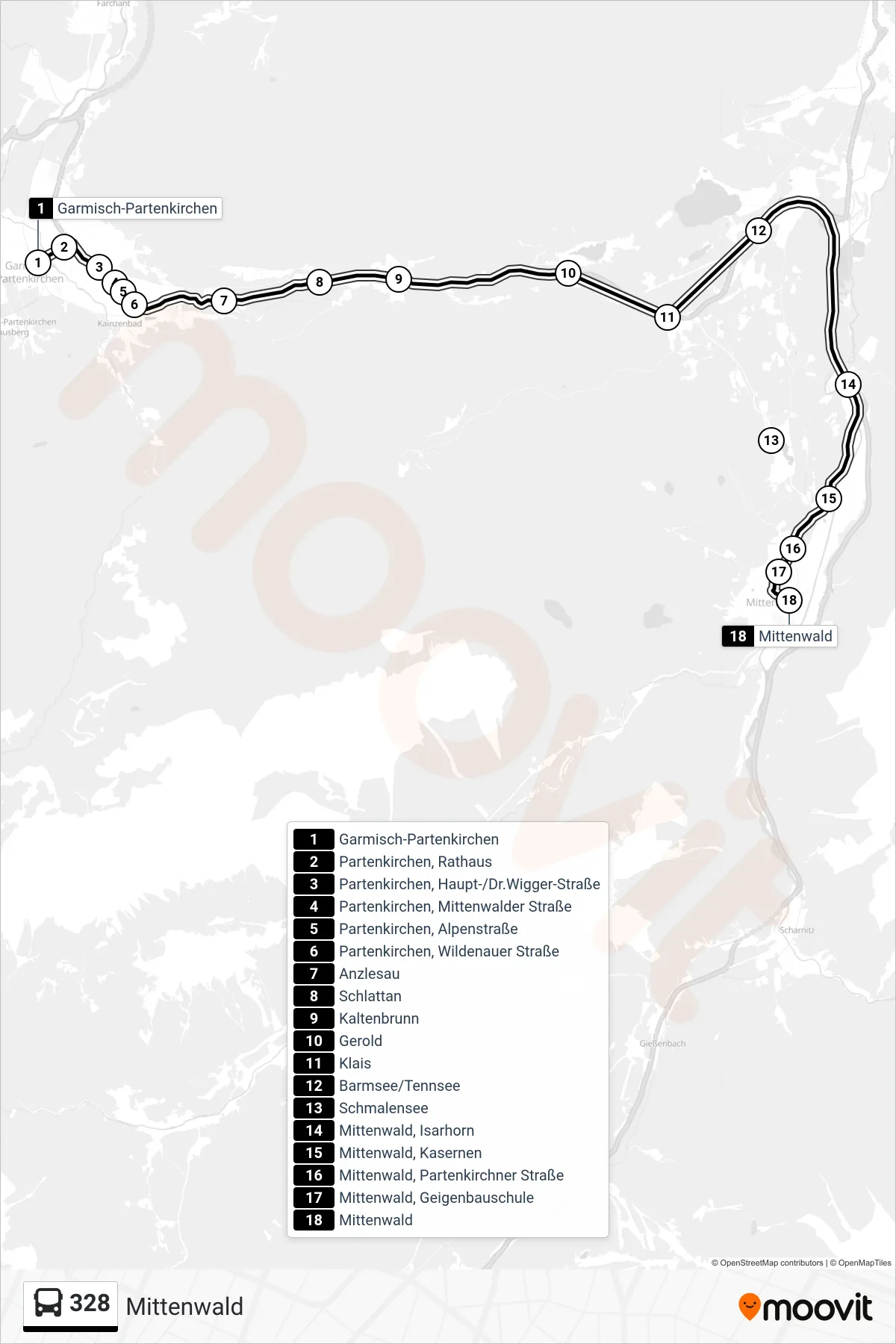 Linie 328 (Bus) Richtung Mittenwald: Route und Haltestellen auf der Karte