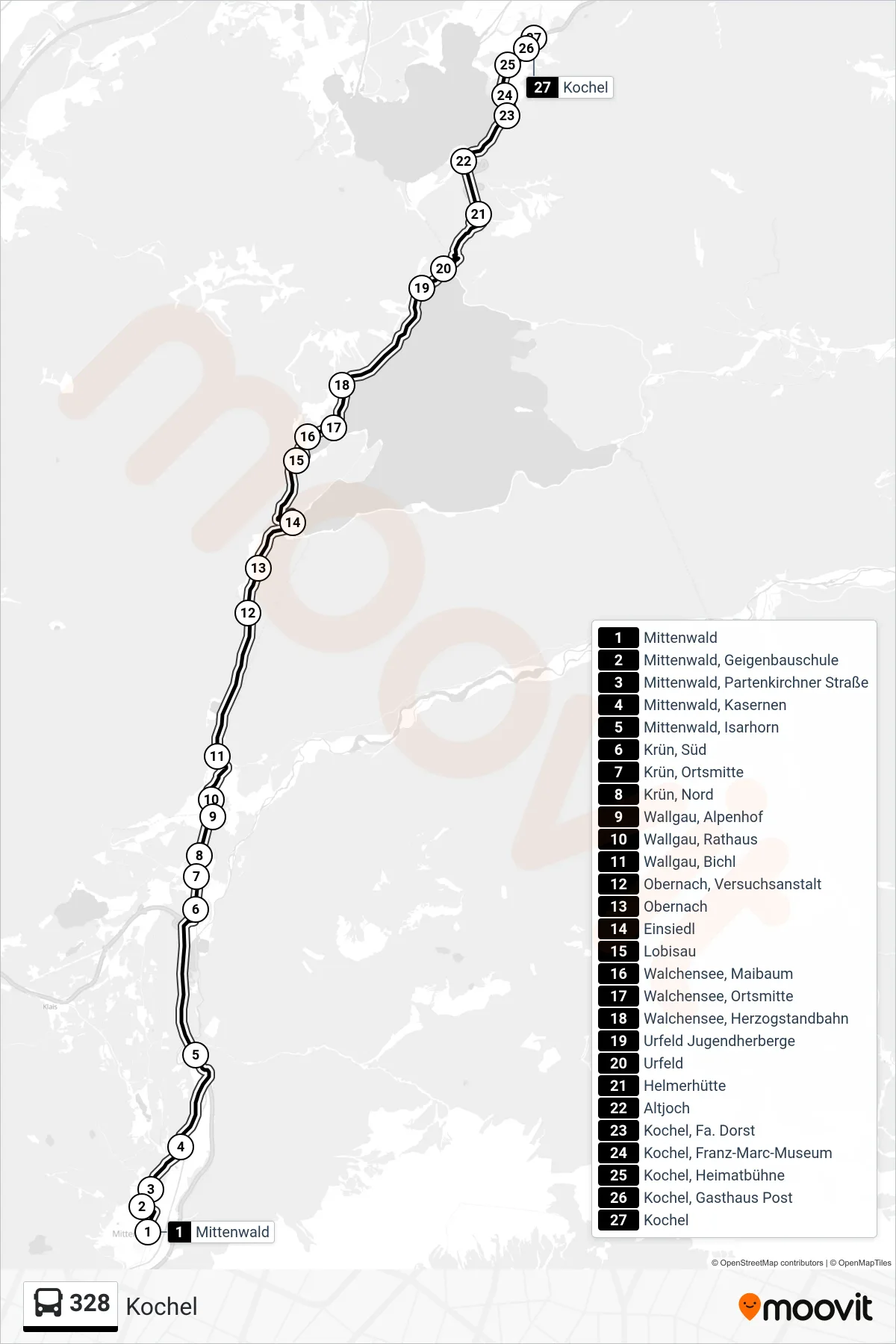328 bus Line (Kochel) route and stops on a map