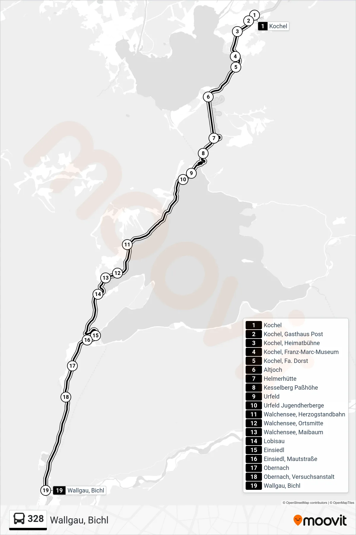 328 bus Line (Wallgau, Bichl) route and stops on a map