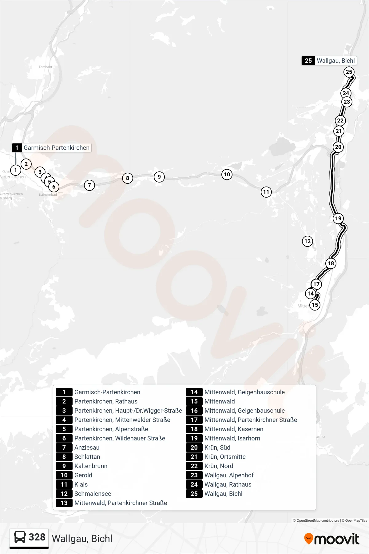 Linie 328 (Bus) Richtung Wallgau, Bichl: Route und Haltestellen auf der Karte